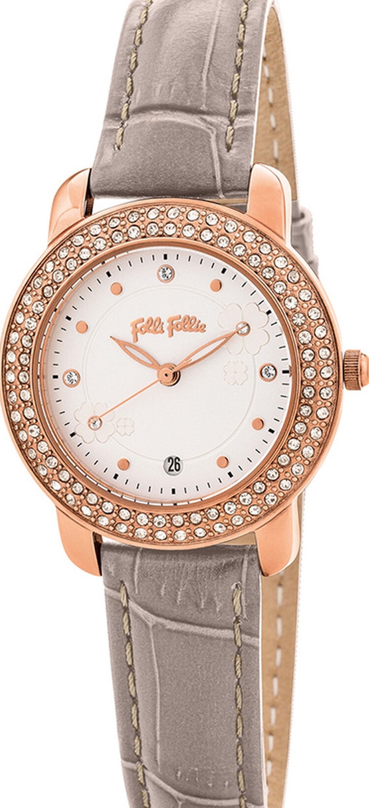 萬年鐘錶 - FOLLI FOLLIE  幸運草晶鑽皮革女錶  WF19B017SSW / GR  錶徑30MM