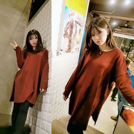 長版針織上衣搭配黑色內搭褲