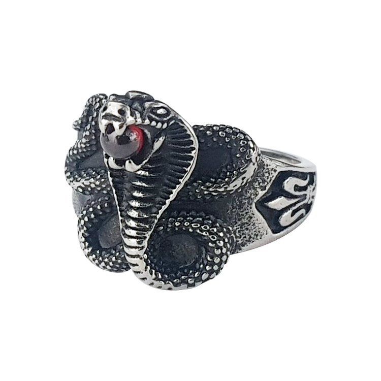 白鋼戒指，男士戒指 眼鏡蛇玻璃珠；古埃及神話設計（5918紅色）