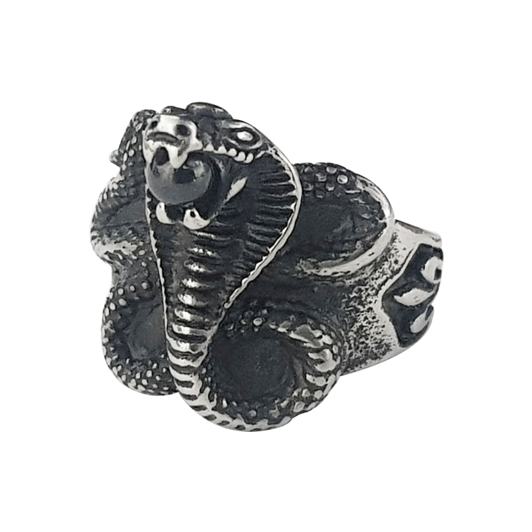 白鋼戒指，男士戒指 眼鏡蛇玻璃珠；古埃及神話設計 （5918黑色）
