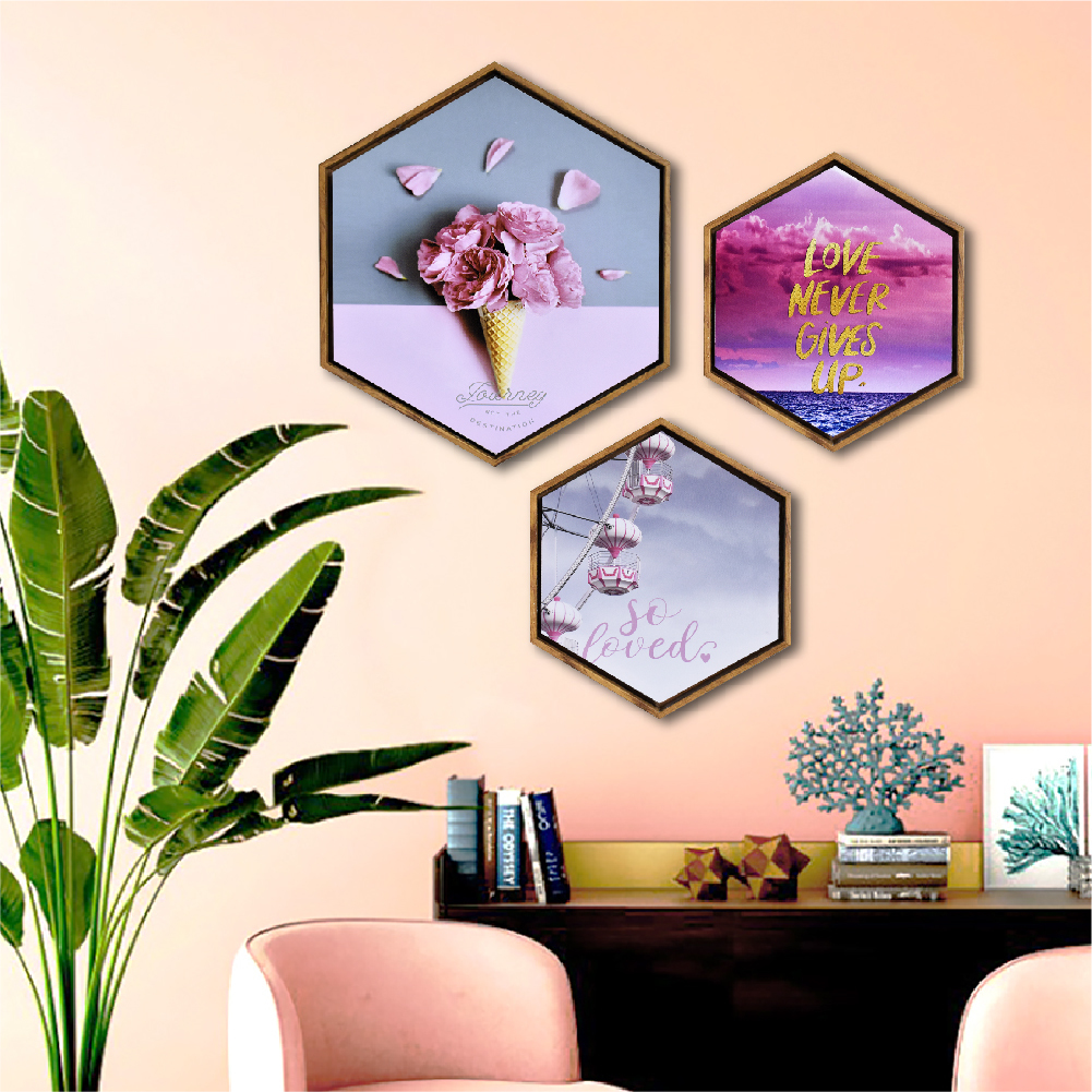 69折 - 北歐時代風尚六角有框畫-粉紅樂活WA158
