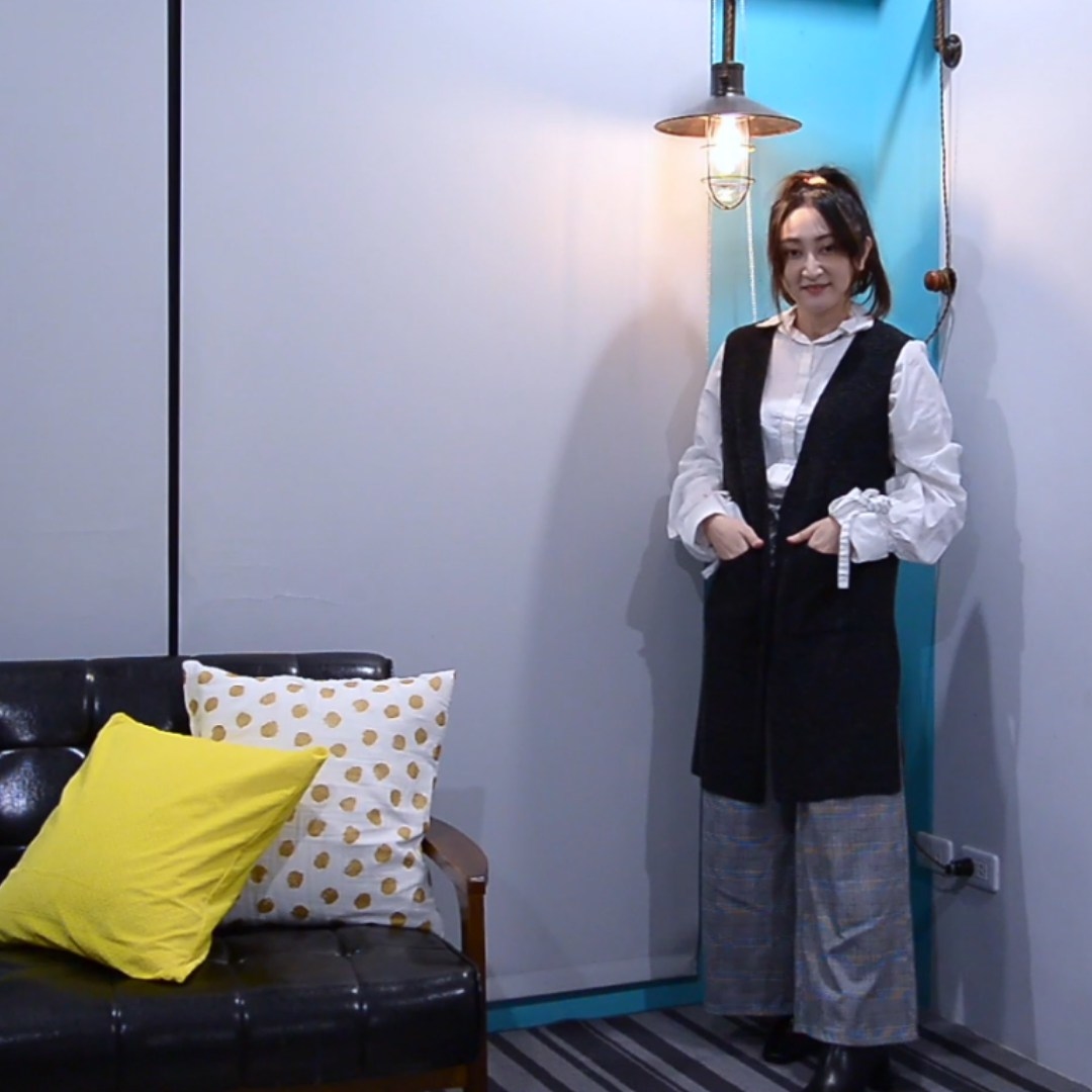 雙V領長版開岔雙口袋開襟針織背心 -深灰