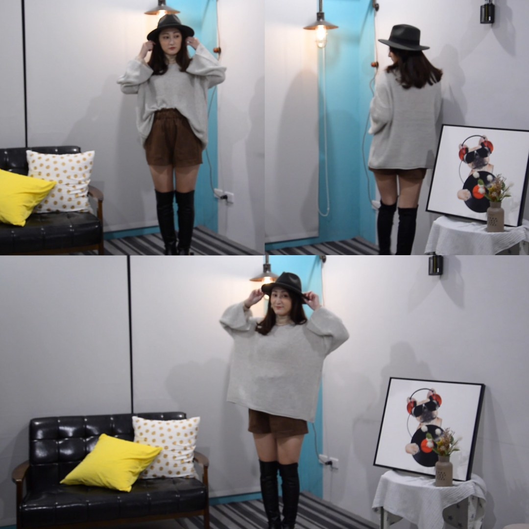 毛海V領寬版針織上衣-淺灰