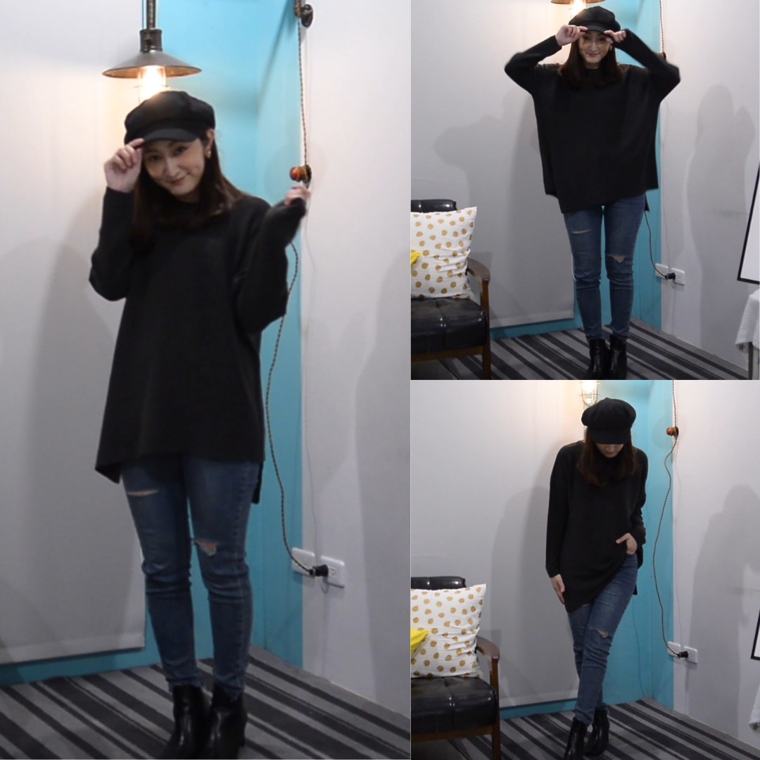 寬版設計衣襬不規則長袖針織上衣-深灰