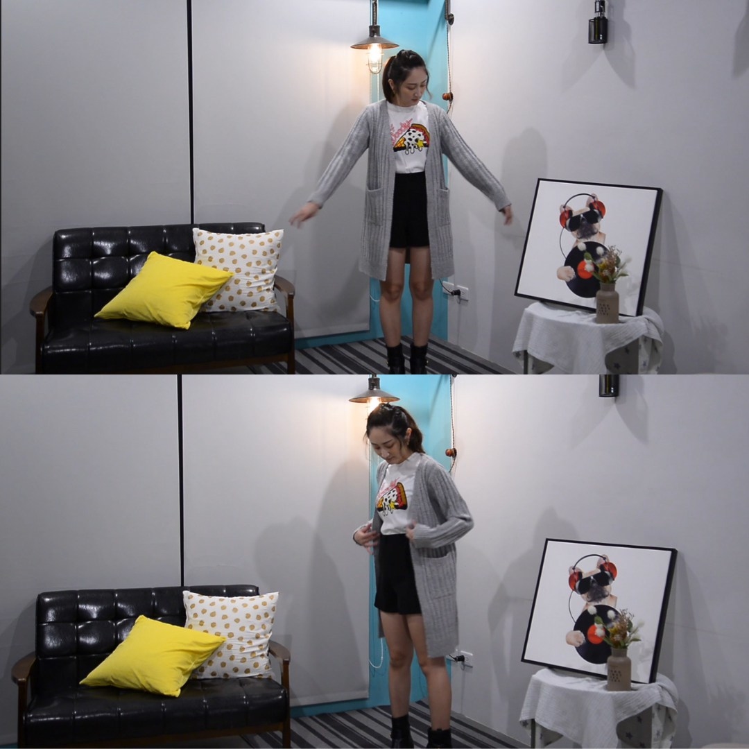 輕刷毛V領直紋長版針織外套-淺灰