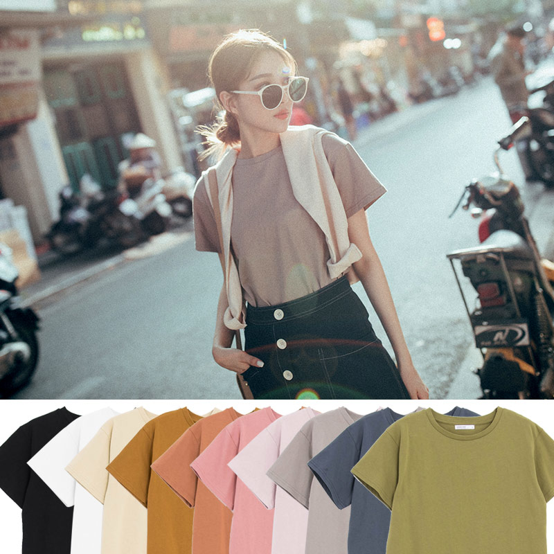 Basic plain round neck short sleeve cotton T ten colors for sale【01038244】in stock+pre-order