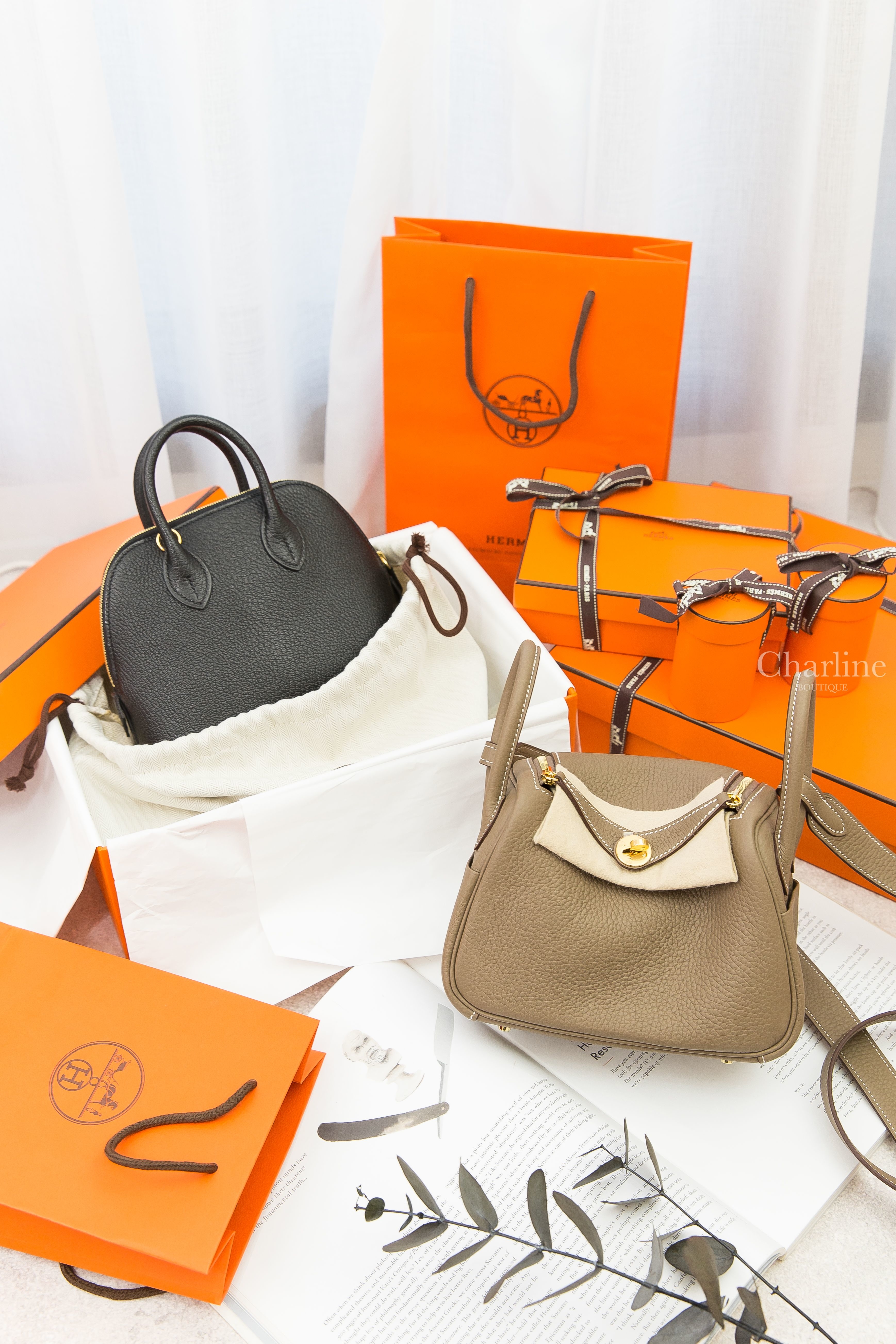 Hermès Lindy Mini 18 Etoupe Taurillon Clemence 大象灰金釦,Hermès Bolide Mini 89 Noir Chevre Mysore 黑色金釦-Charline Boutique 精品代購