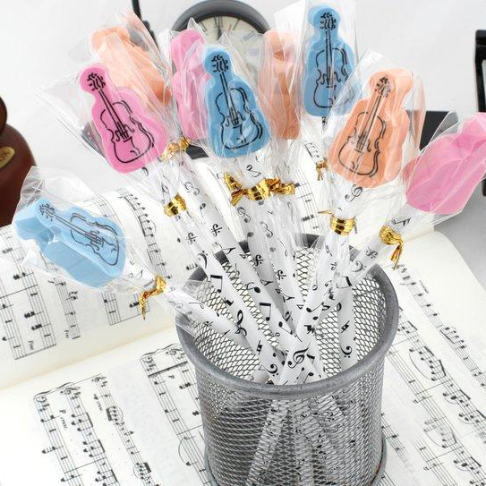 小提琴造型橡皮擦+白底圓桿木頭鉛筆組 /音樂鉛筆/造型橡皮擦