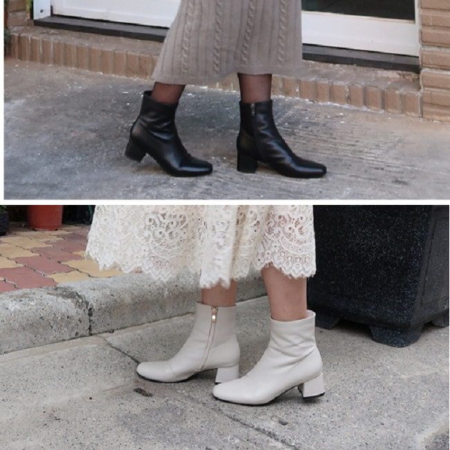【第一支舞】小牛皮拉鍊小方帶圓頭Ｔ型鞋跟鞋面不對稱Ｌ車縫襪靴
