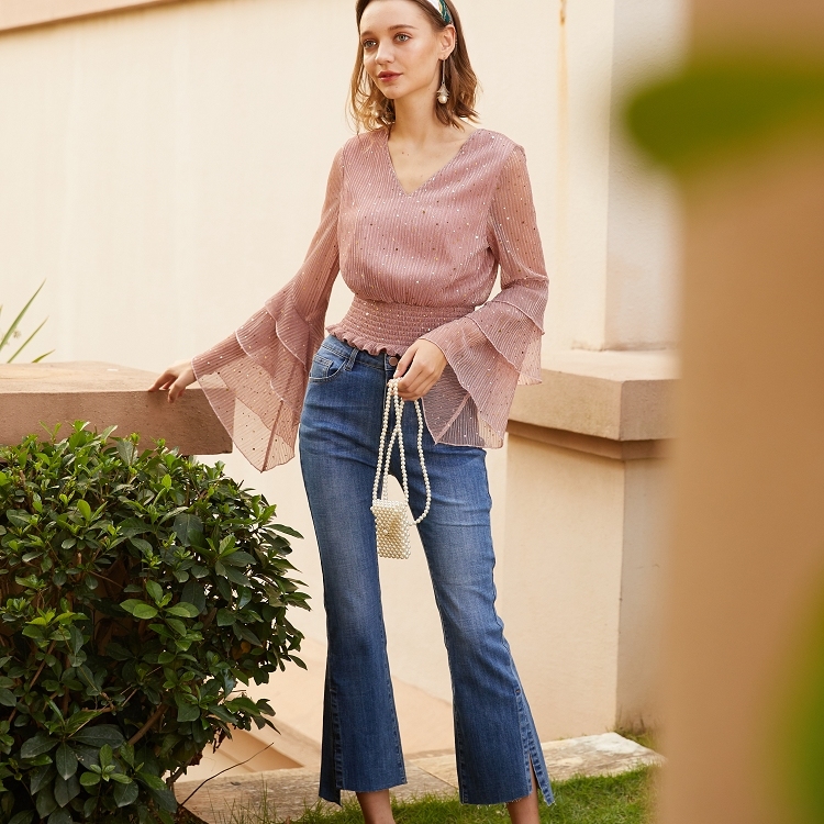 後綁帶袖荷亮片衣