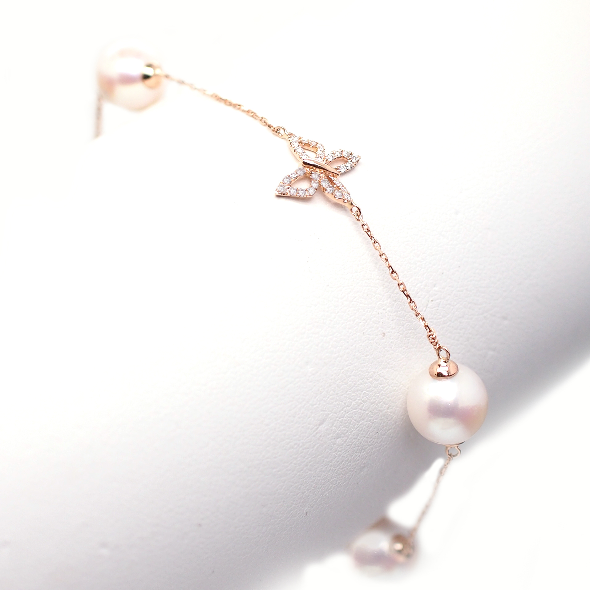 18K玫瑰金天然鑽石蝴蝶 Akoya 珍珠手鏈