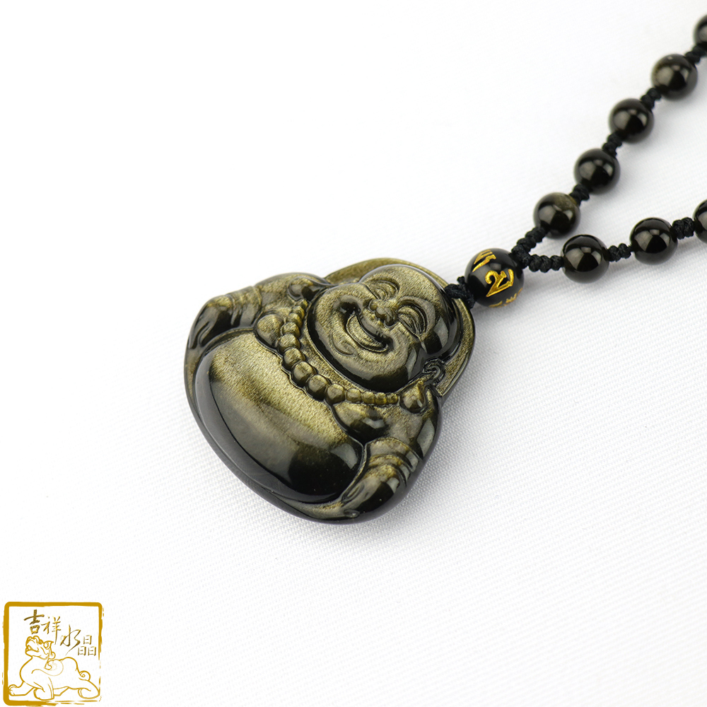 金沙黑曜石彌勒佛項鍊 4cm 平安喜樂
