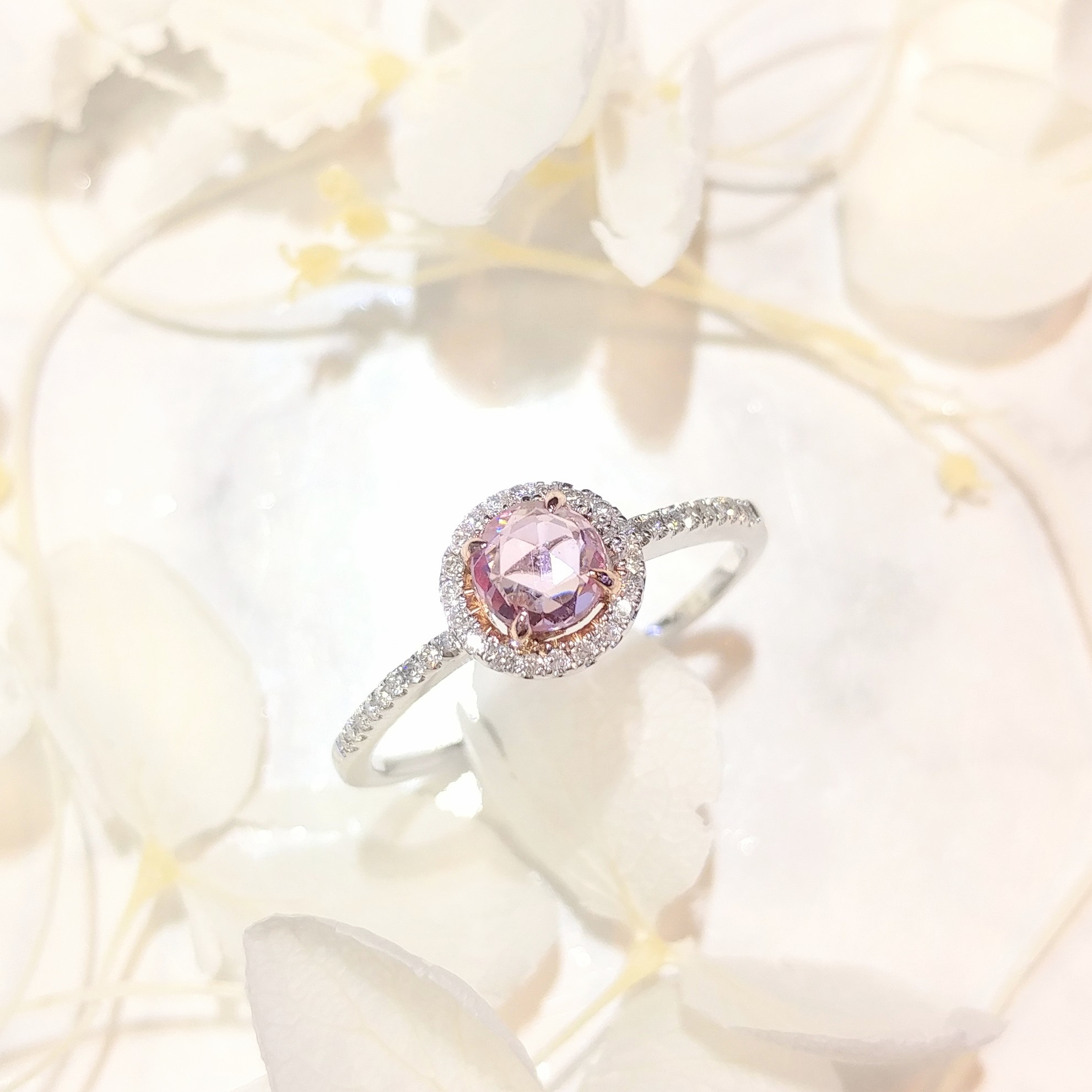 全新18K白金【單粒37份粉紅藍寶】配10份鑽石戒指