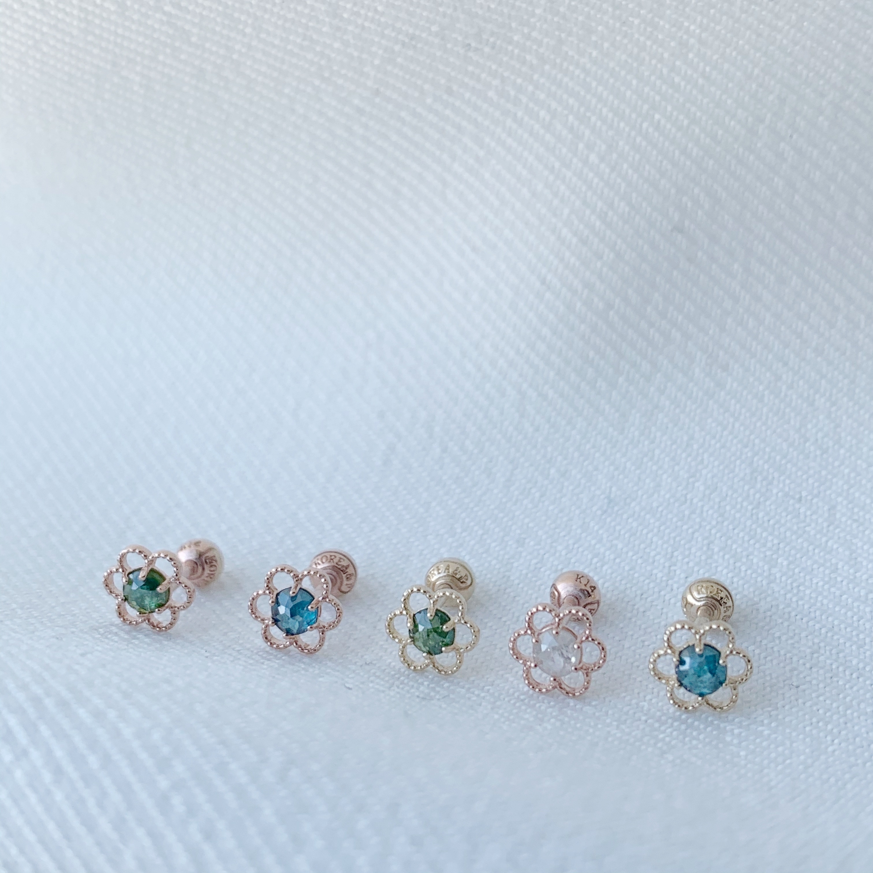 14k 簍空花朵灰鑽轉珠耳環