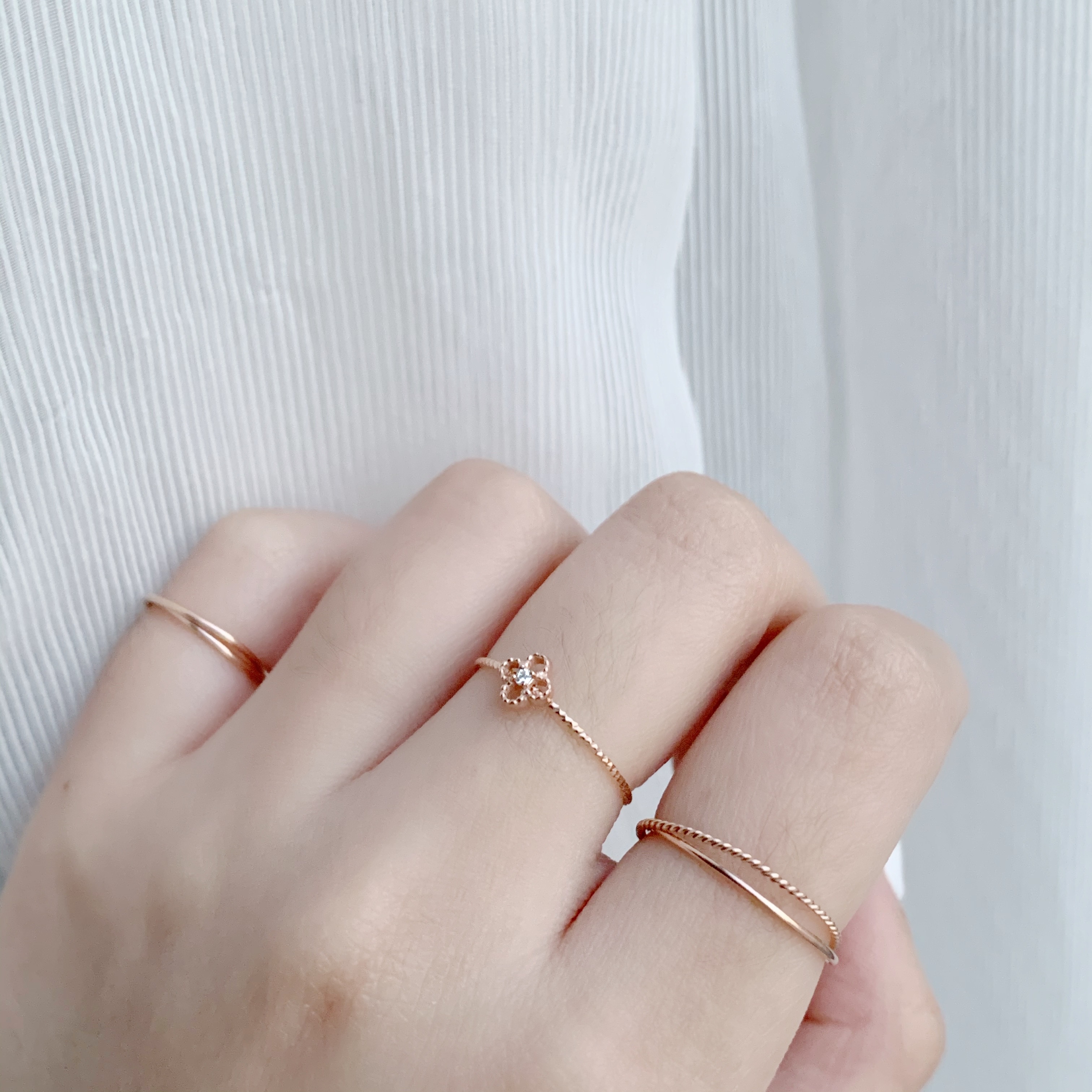 14k 簍空四葉草白鑽戒指