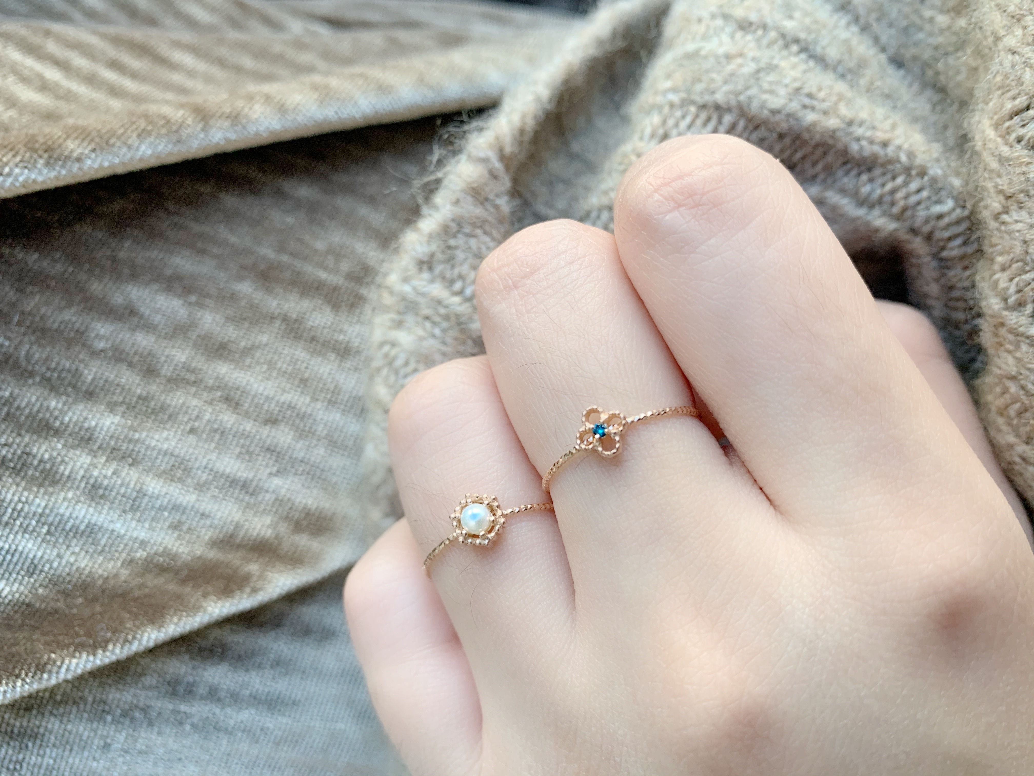 14k 簍空四葉草藍鑽戒指