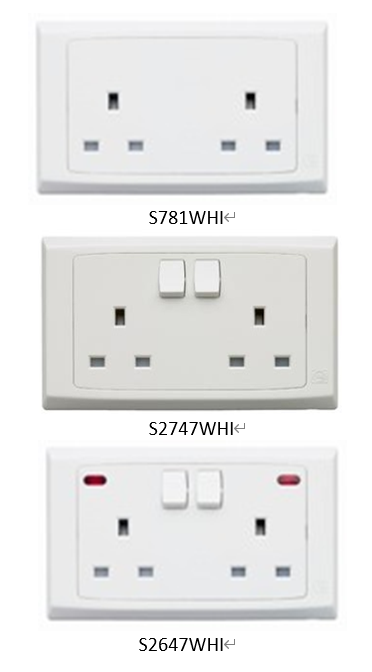 MK 13A兩位插座(連開關掣/連開關掣及指示燈) S781WHI S2747WHI S2647WHI