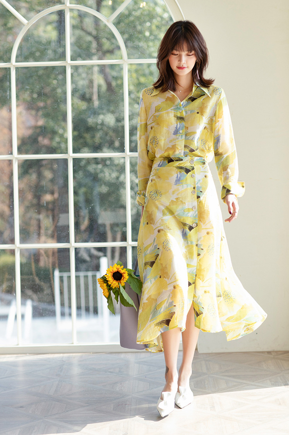 DEER.W 水墨印花天絲亞麻長裙 黃色