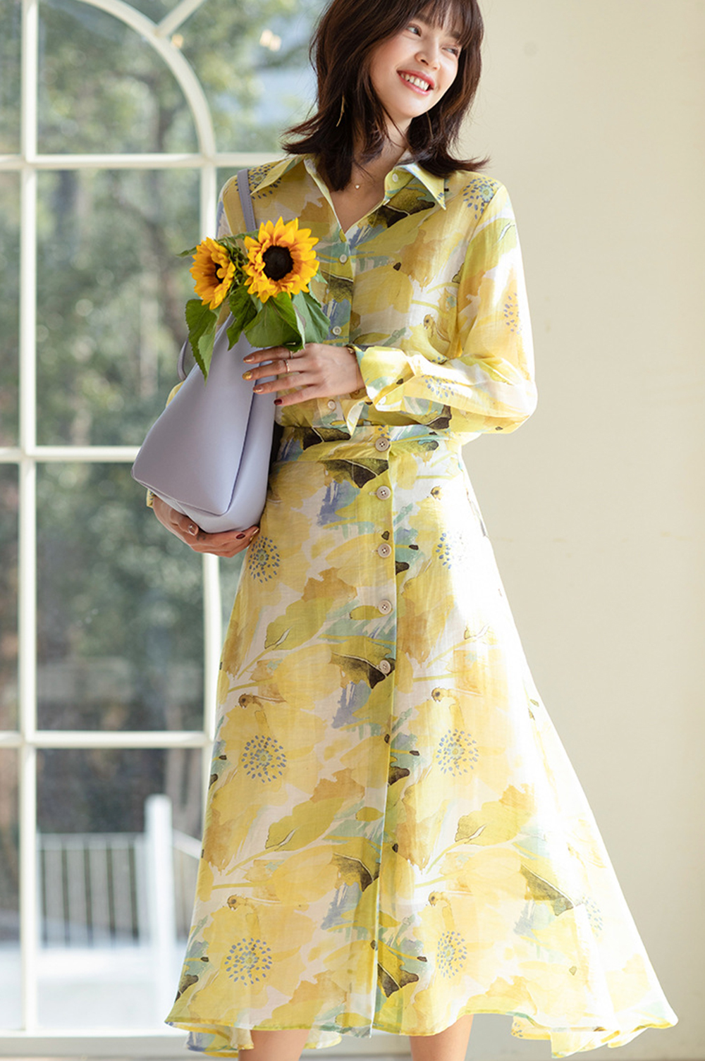 DEER.W 水墨印花天絲亞麻長裙 黃色