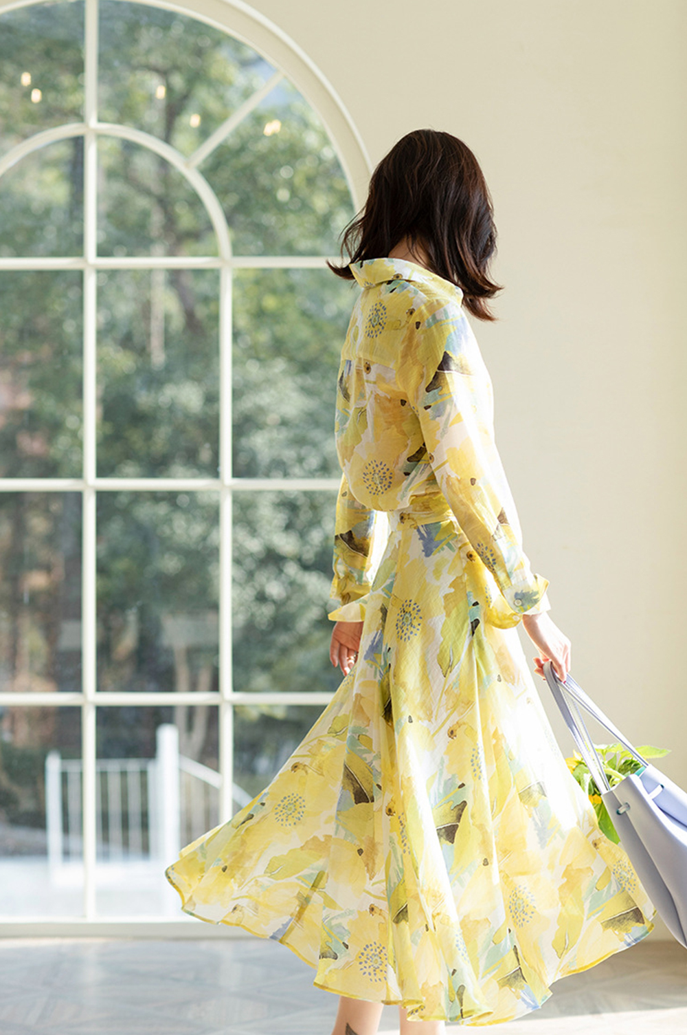 DEER.W 水墨印花天絲亞麻長裙 黃色