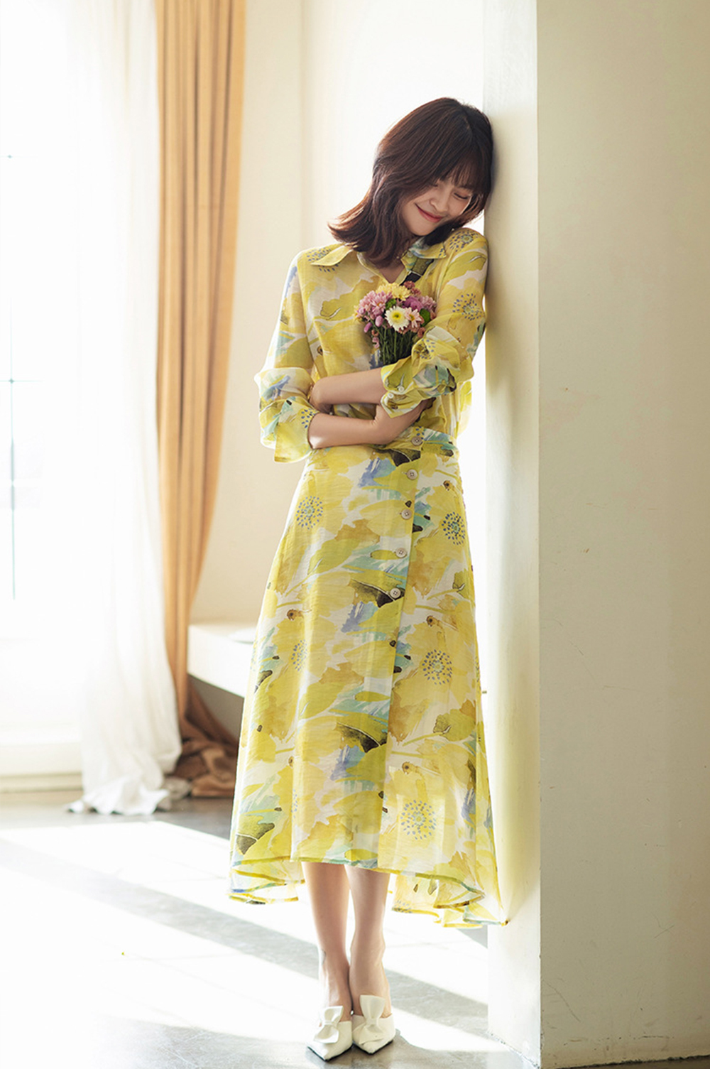 DEER.W 水墨印花天絲亞麻長裙 黃色