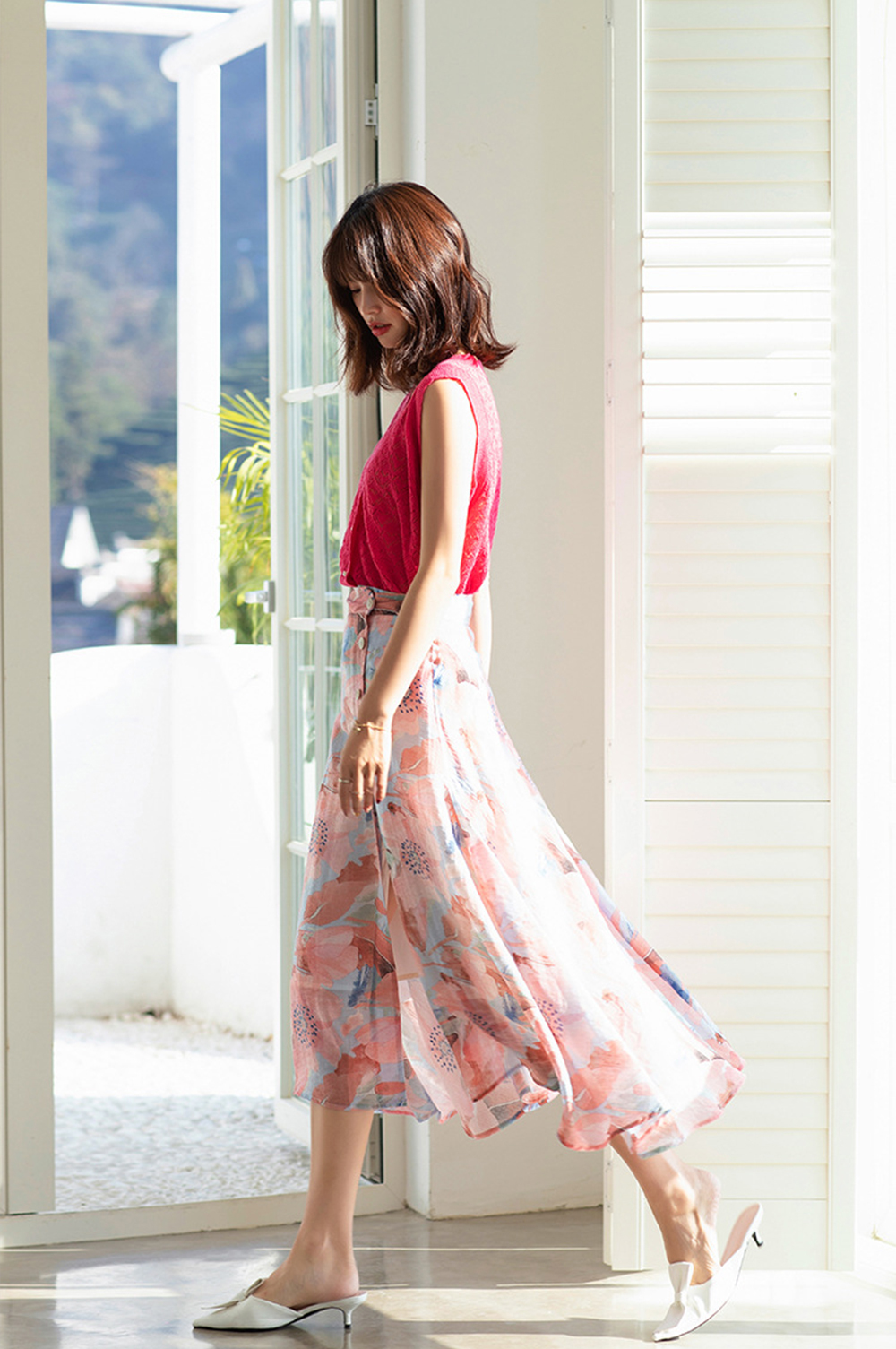 DEER.W 水墨印花天絲亞麻長裙 粉色