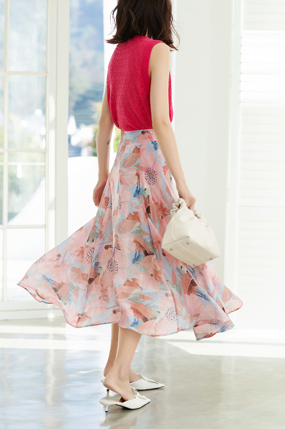 DEER.W 水墨印花天絲亞麻長裙 粉色