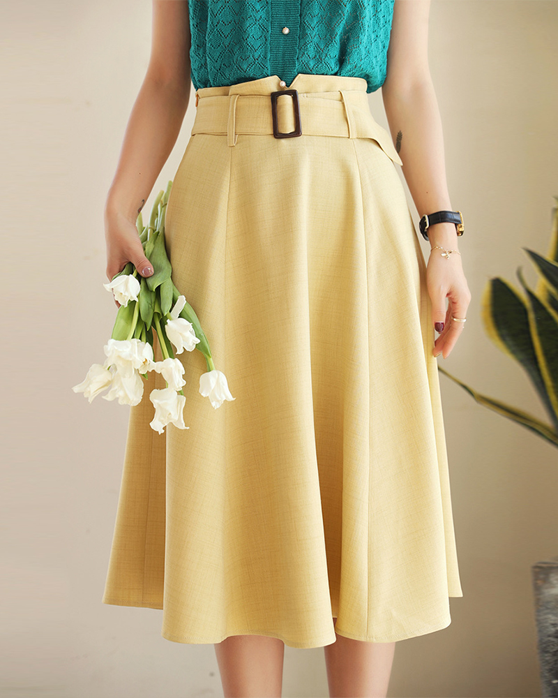 方釦腰帶中長傘裙 四色