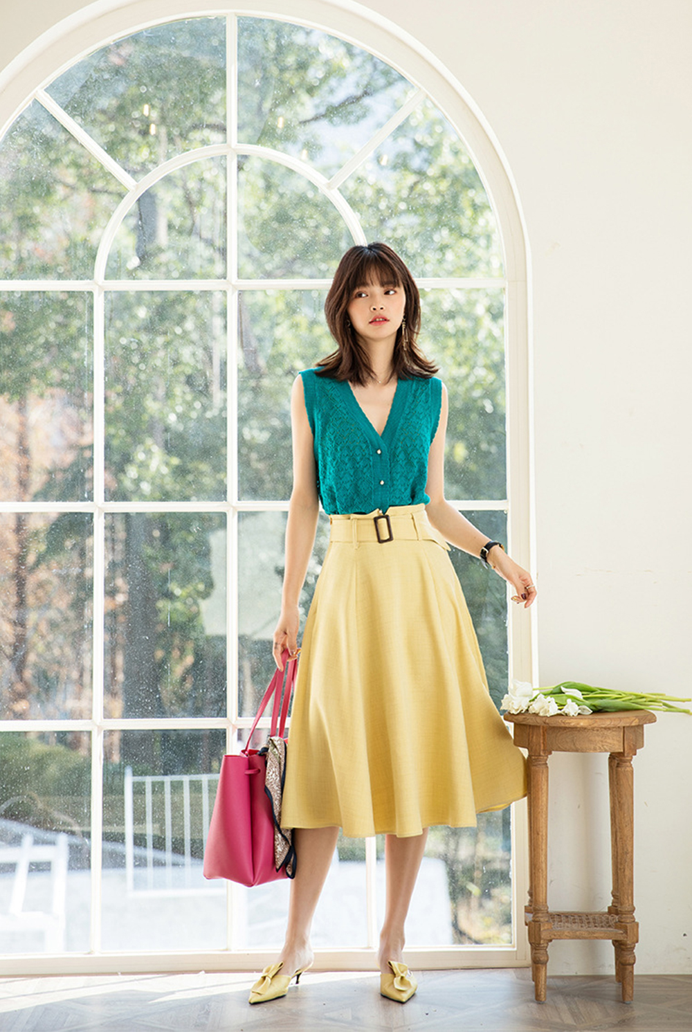 DEER.W 方釦腰帶中長傘裙 黃色