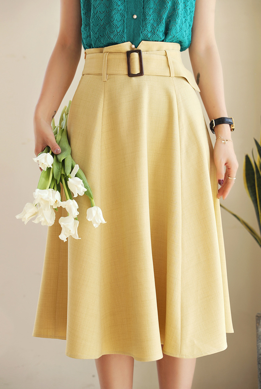 DEER.W 方釦腰帶中長傘裙 黃色