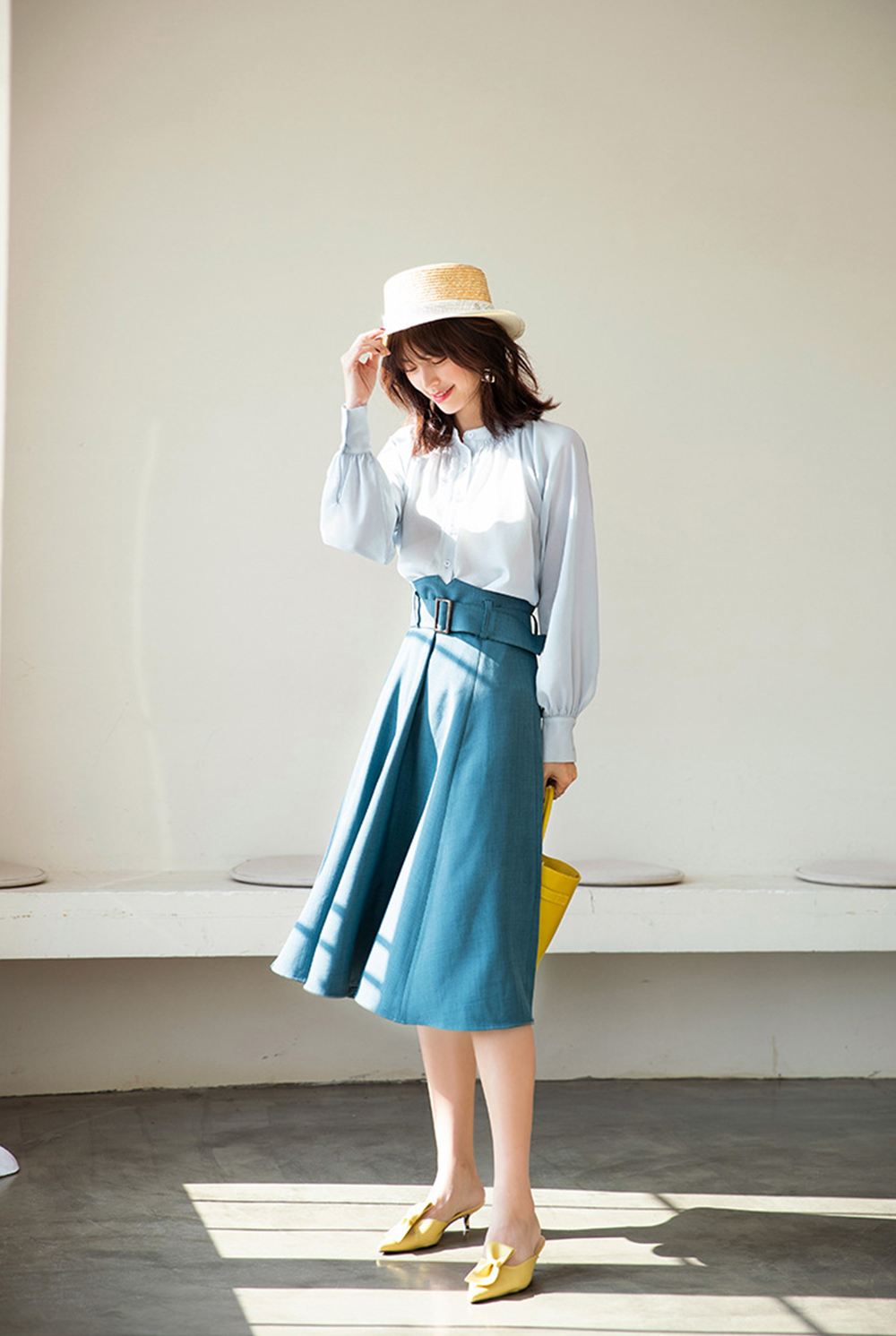 DEER.W 方釦腰帶中長傘裙 藍色