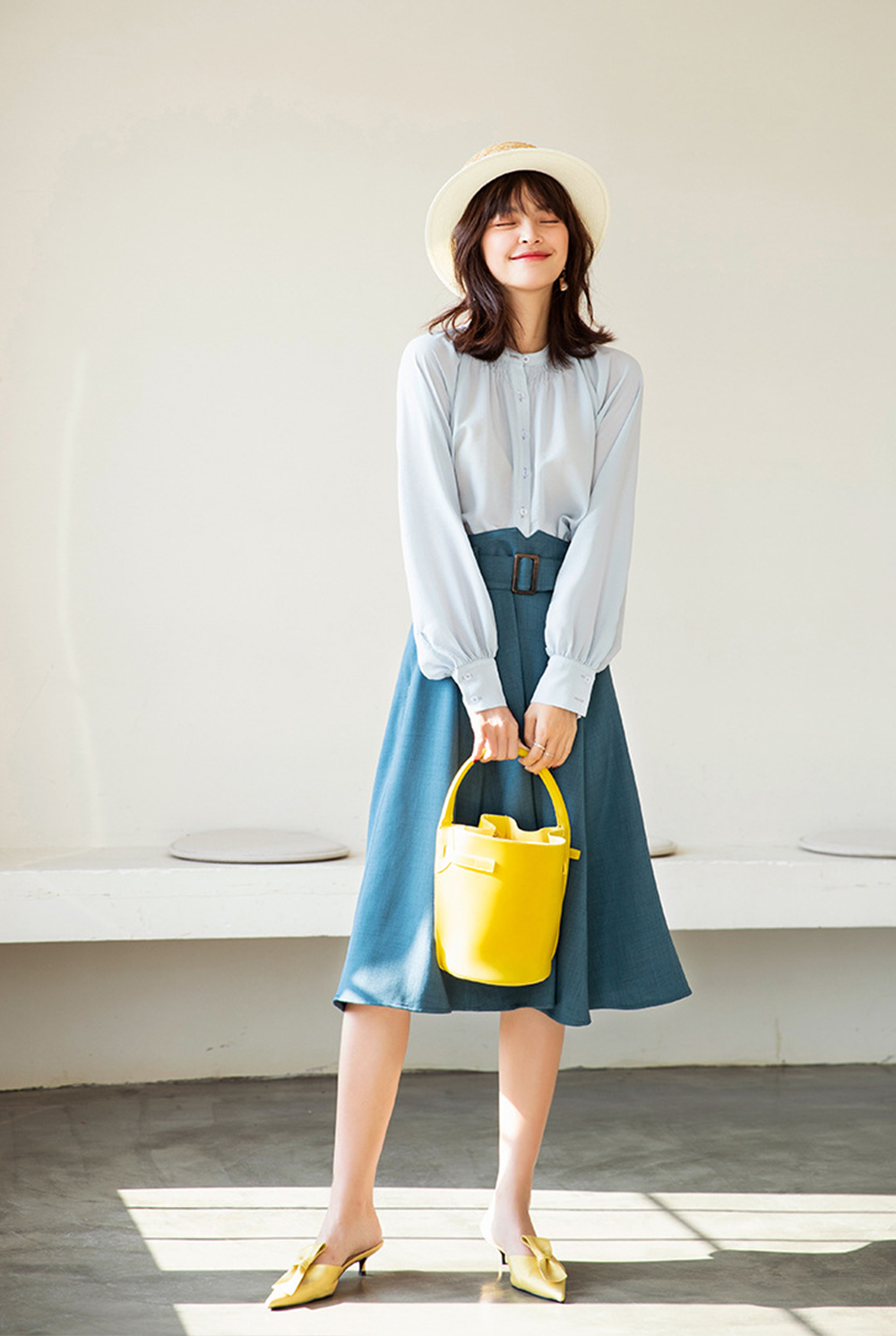 DEER.W 方釦腰帶中長傘裙 藍色