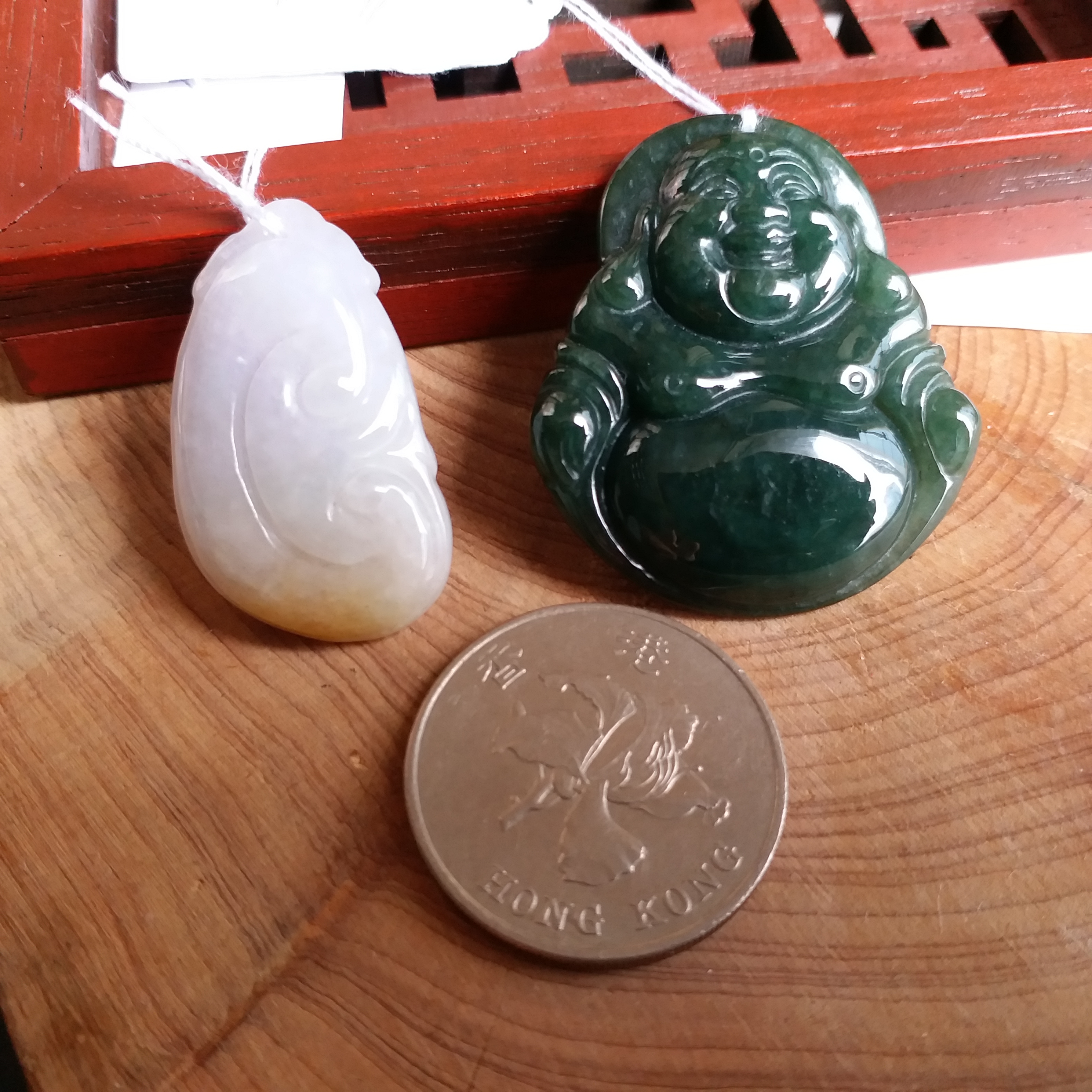 FG20 冰糯帶黃翡如意吊墜+冰糯油青笑佛吊墜