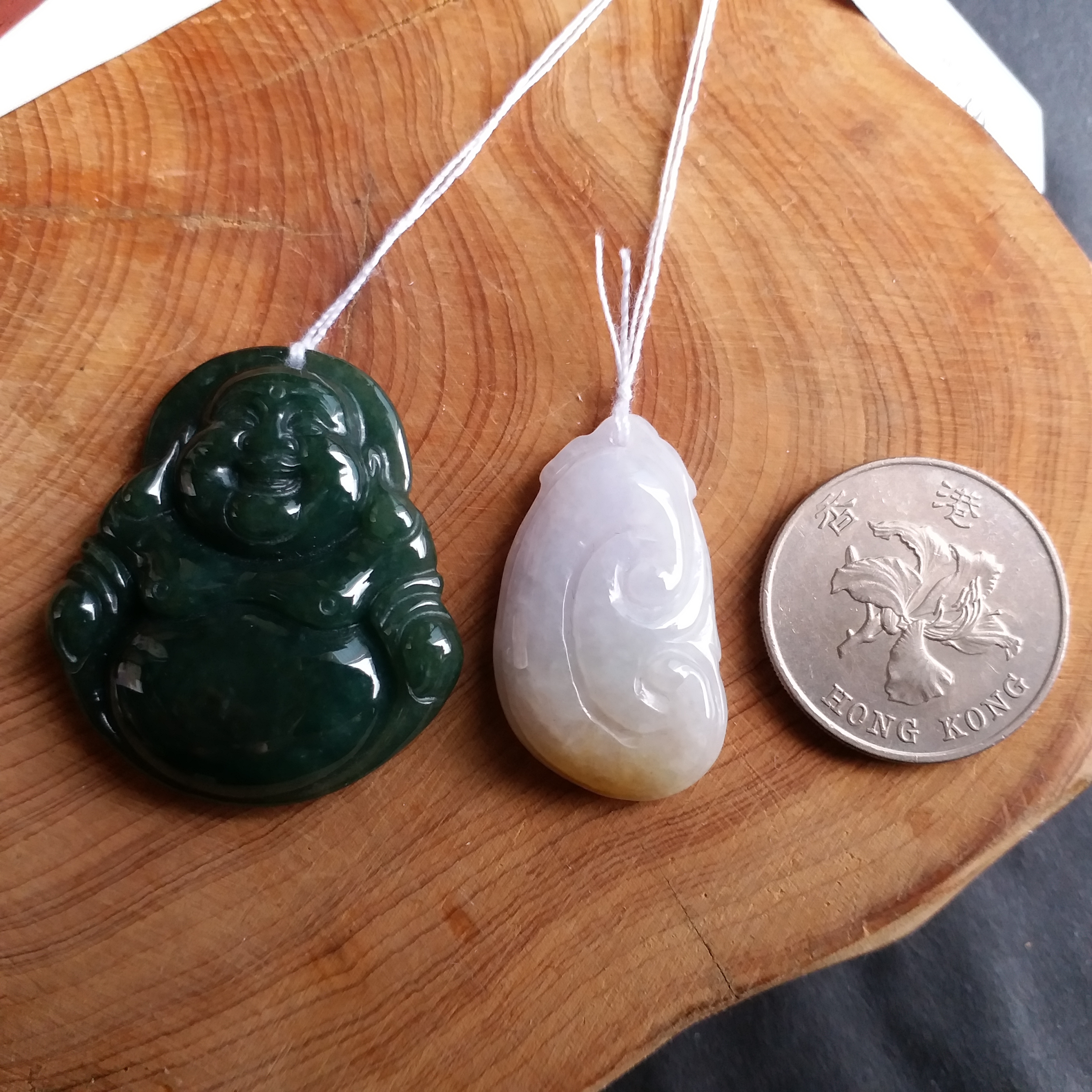 FG20 冰糯帶黃翡如意吊墜+冰糯油青笑佛吊墜