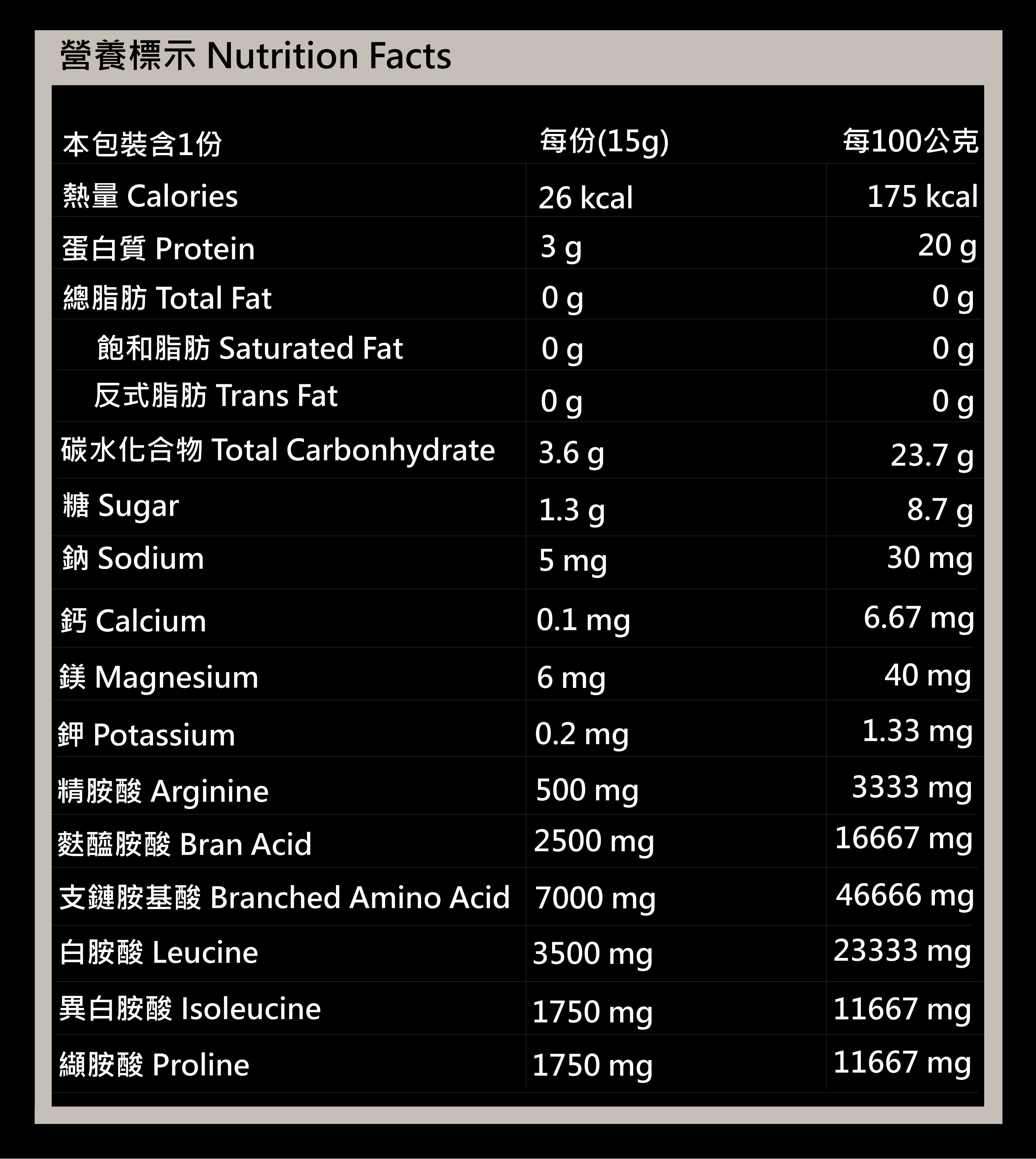 戰神MARS蜂蜜檸檬口味BCAA支鏈胺基酸沖劑營養標籤