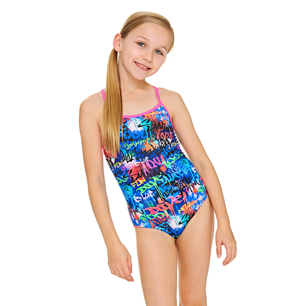 ZOGGS 青少女《幻象霓虹》粉色放射狀美背連身泳衣