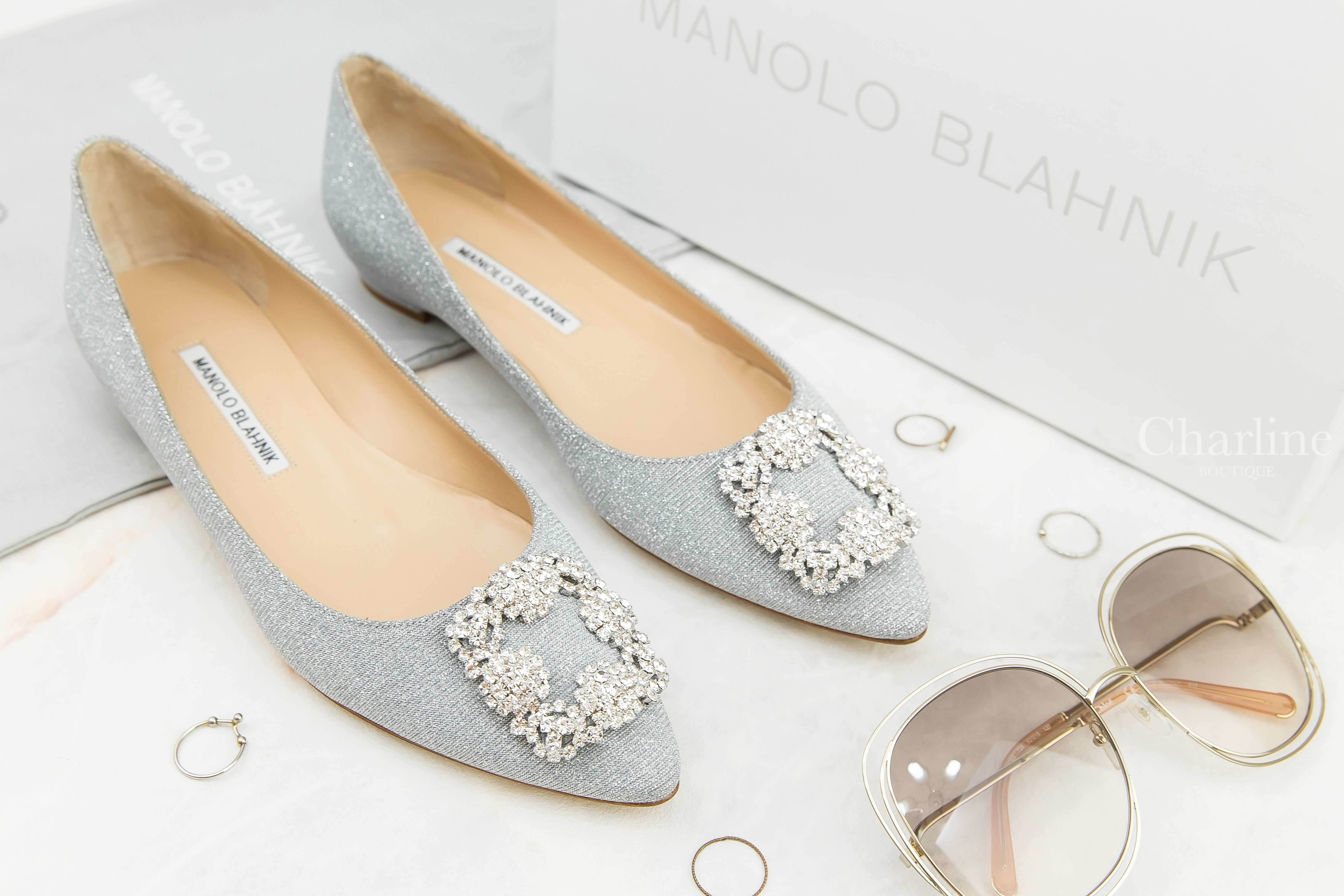 Manolo Blahnik Hangisiflat Glitter 銀色銀蔥銀色鑲鑽方釦平底鞋