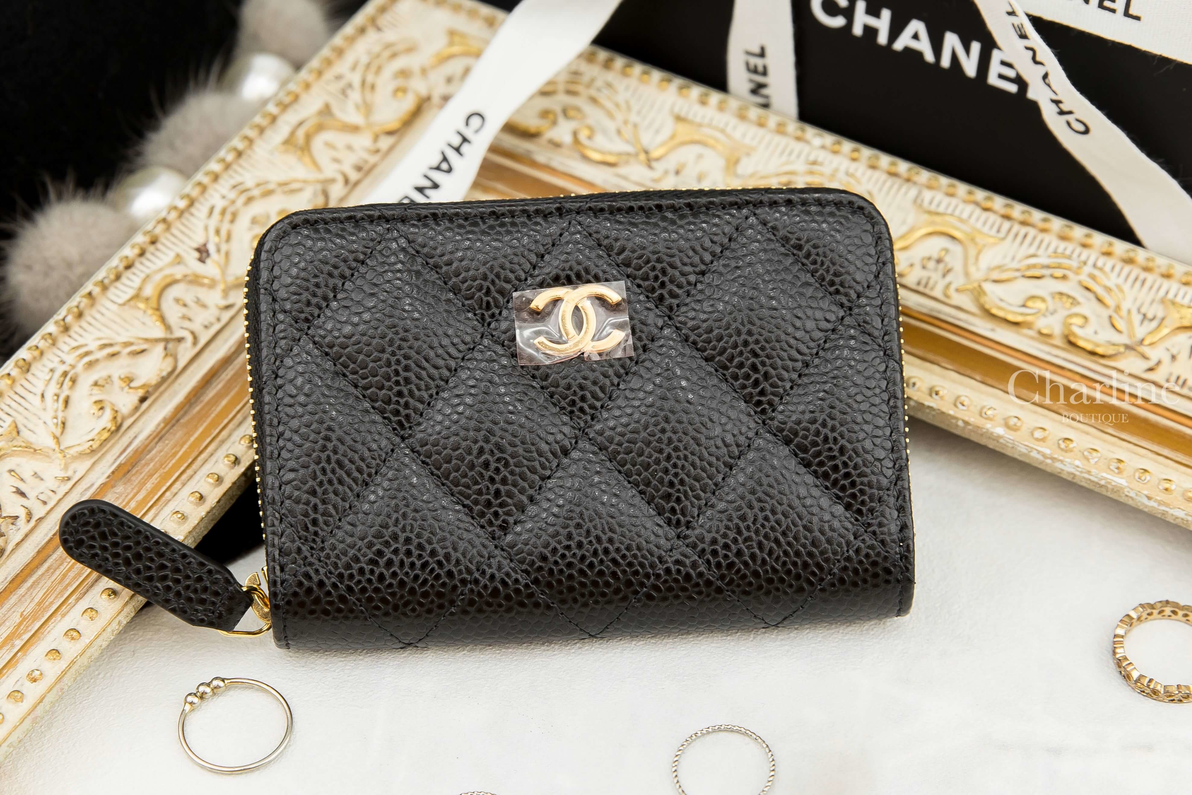 Chanel Coin Card Zip CC Purse 黑色金CC酒紅內裡荔枝菱格紋卡片拉鍊零錢夾