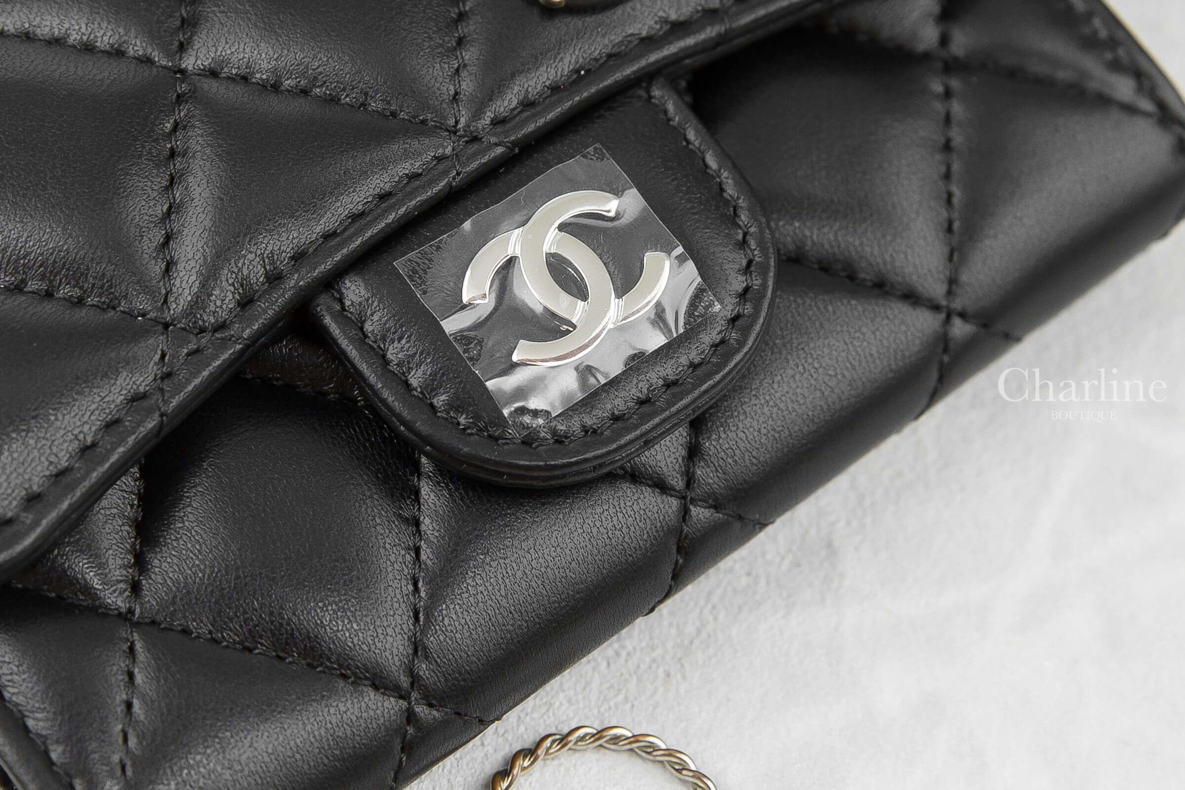 Chanel Classic Card Holder 黑色銀CC酒紅內裡菱格紋小羊皮零錢夾