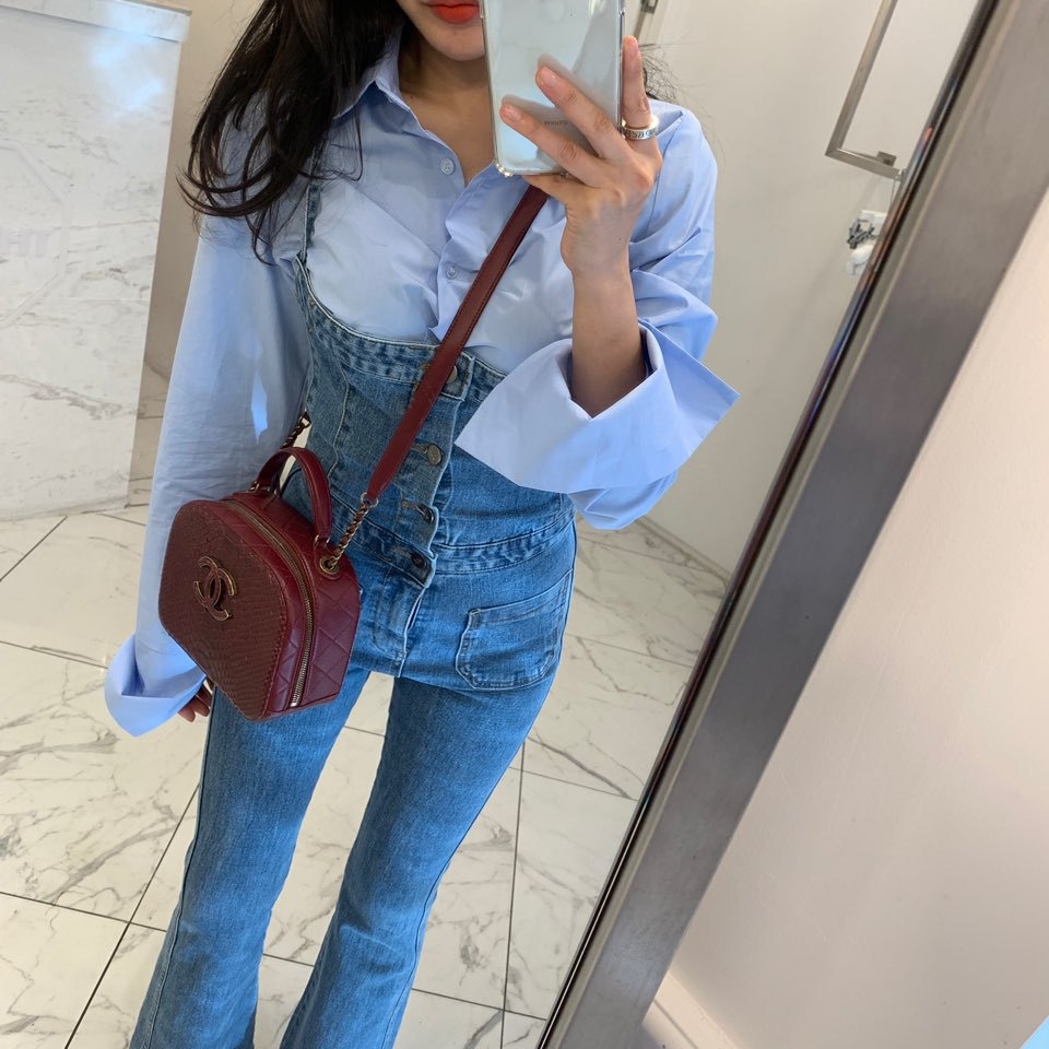 單排釦 背面綁帶牛仔吊帶褲