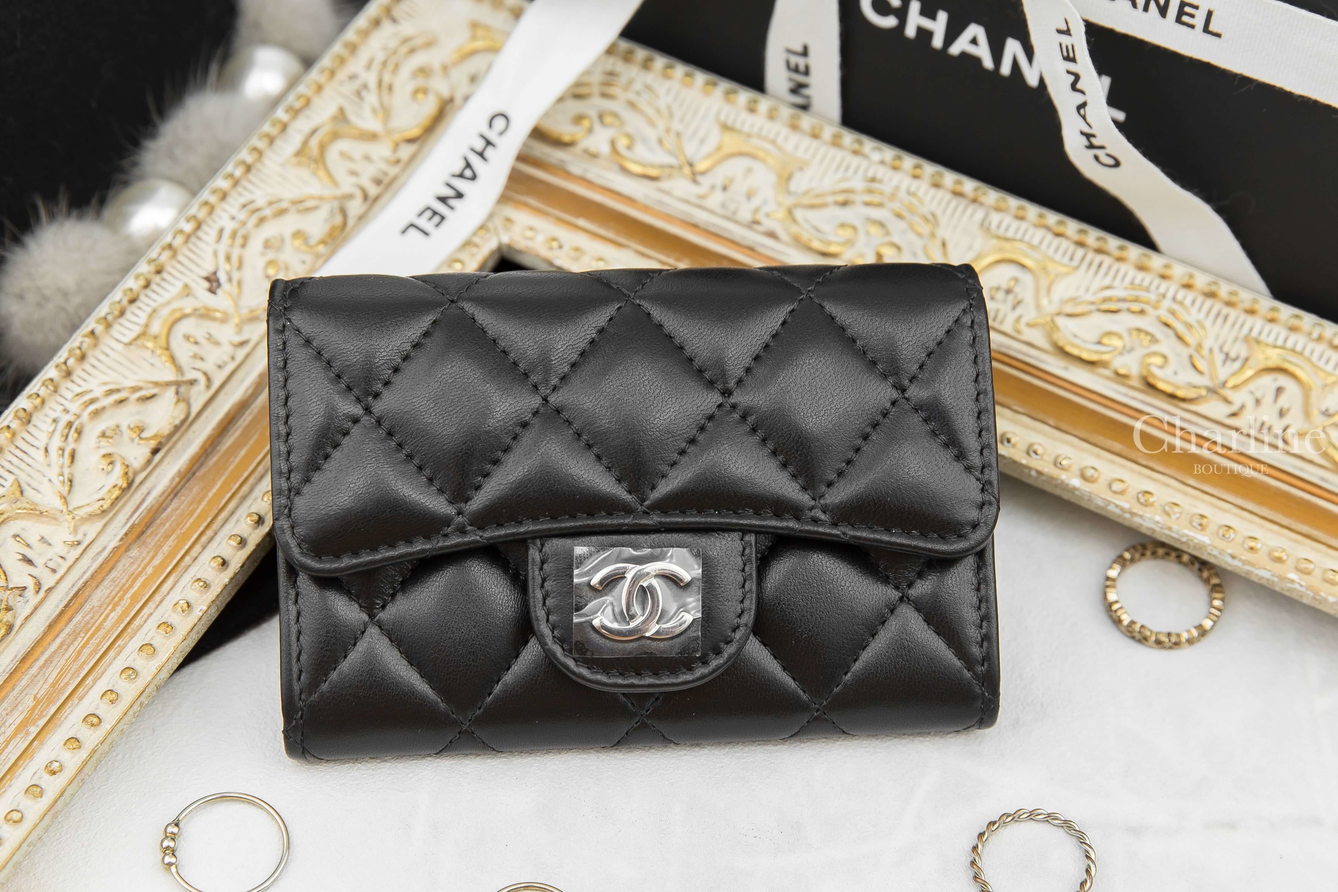 Chanel Classic Card Holder 黑色銀CC酒紅內裡菱格紋小羊皮零錢夾