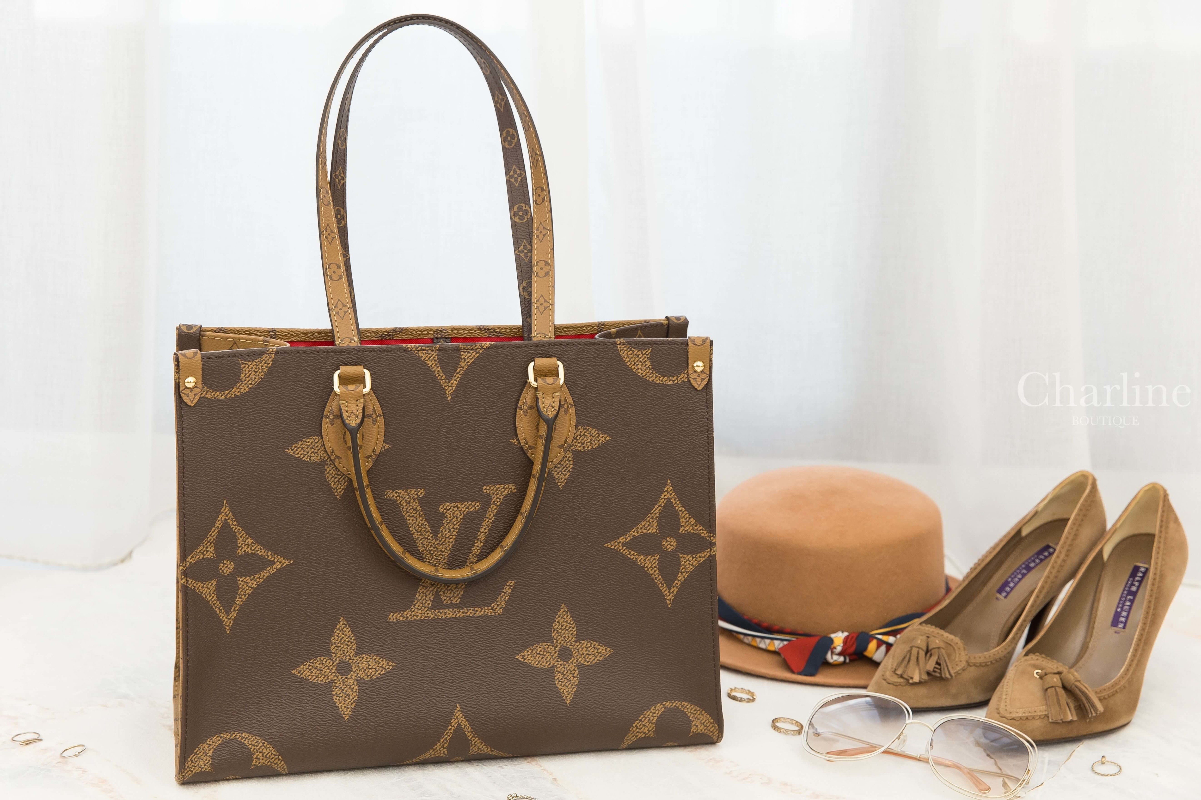 Louis Vuitton Onthego MM 雙色中型咖啡老花拼紅色內裡大LOGO托特包