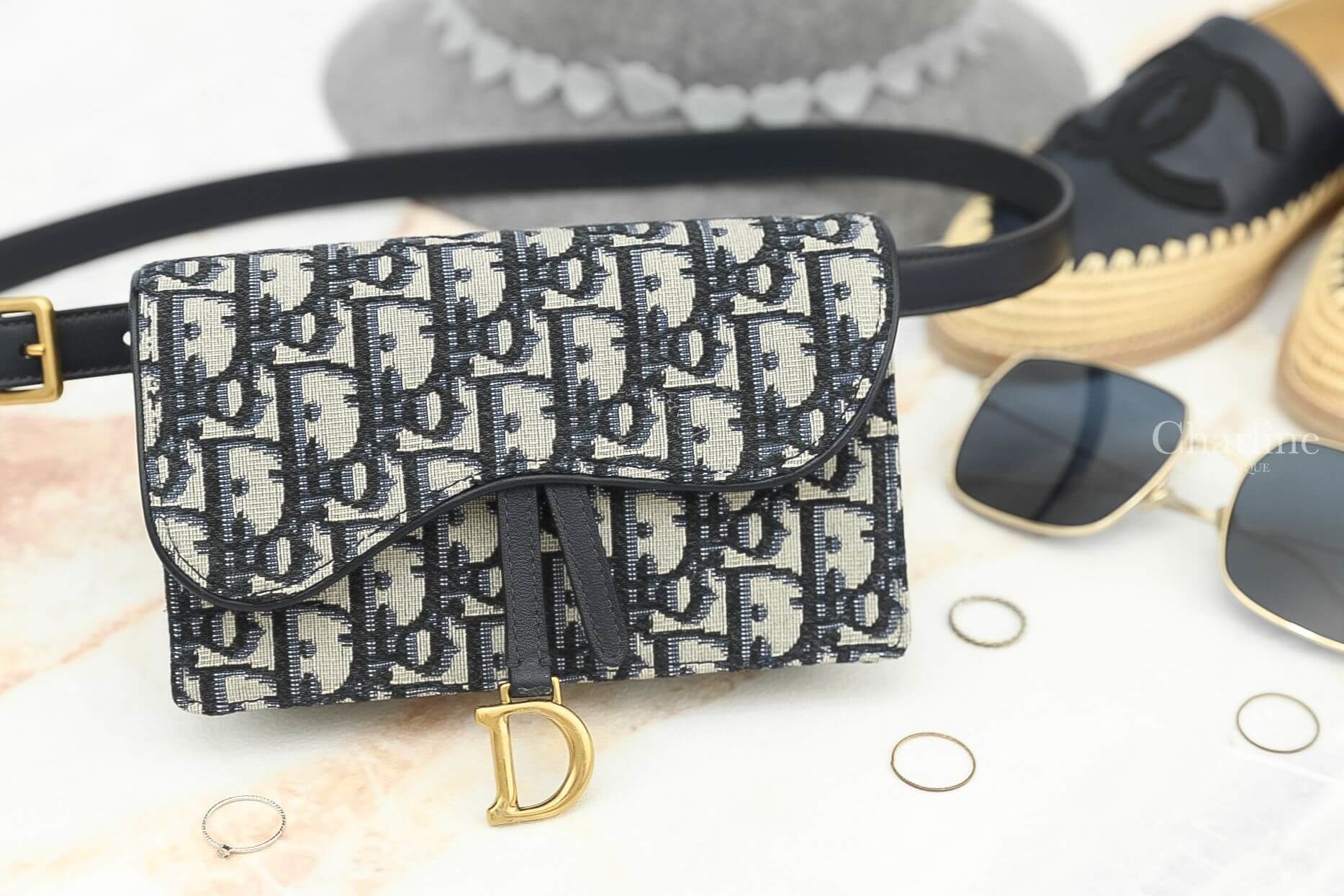 Dior Saddle Belt Pouch 深藍色復古老花小牛皮帆布馬鞍腰包