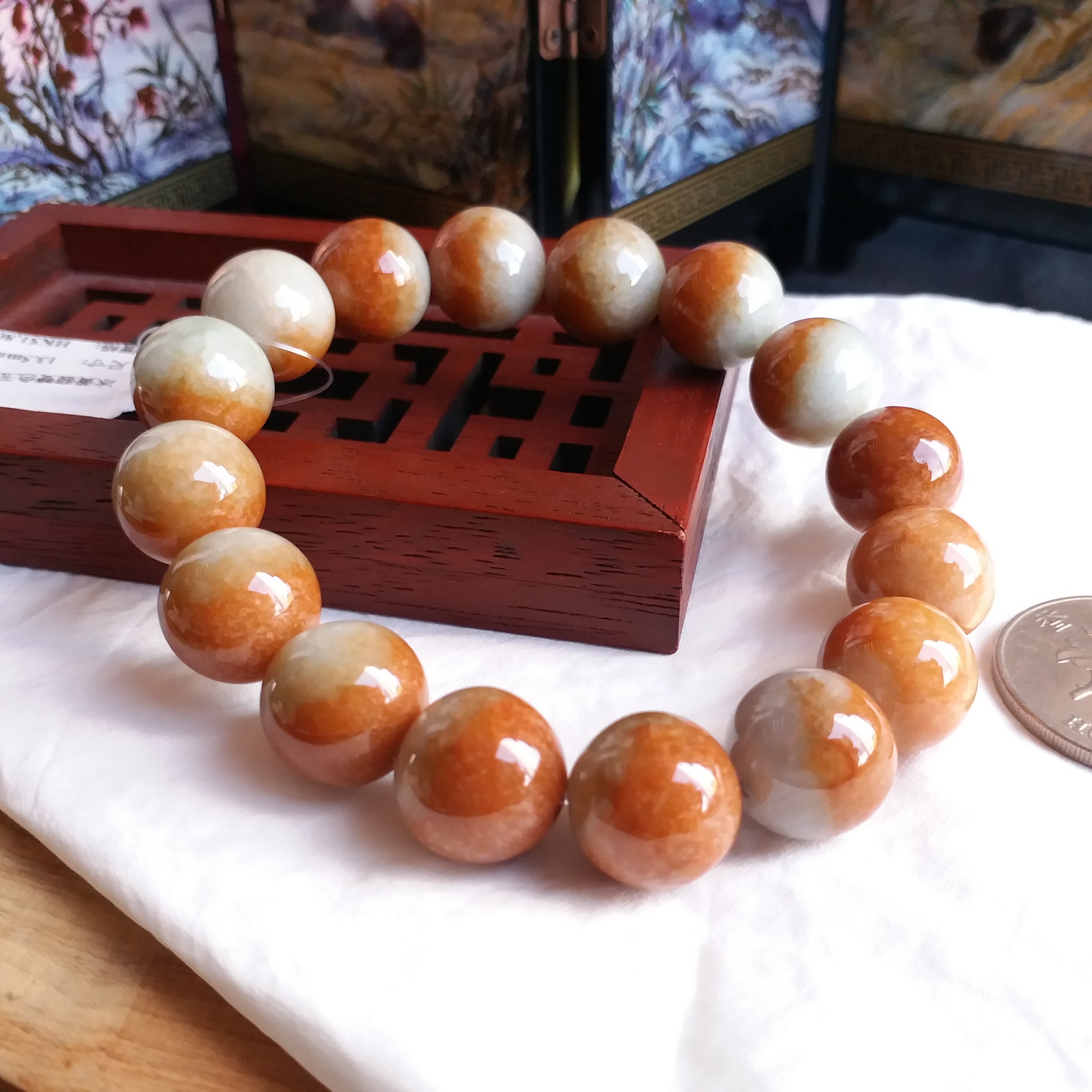 冰黃翡雙色玉珠手串 (13.5mm直徑), 天然翡翠A玉, 緬甸玉, Jade, Jadeite