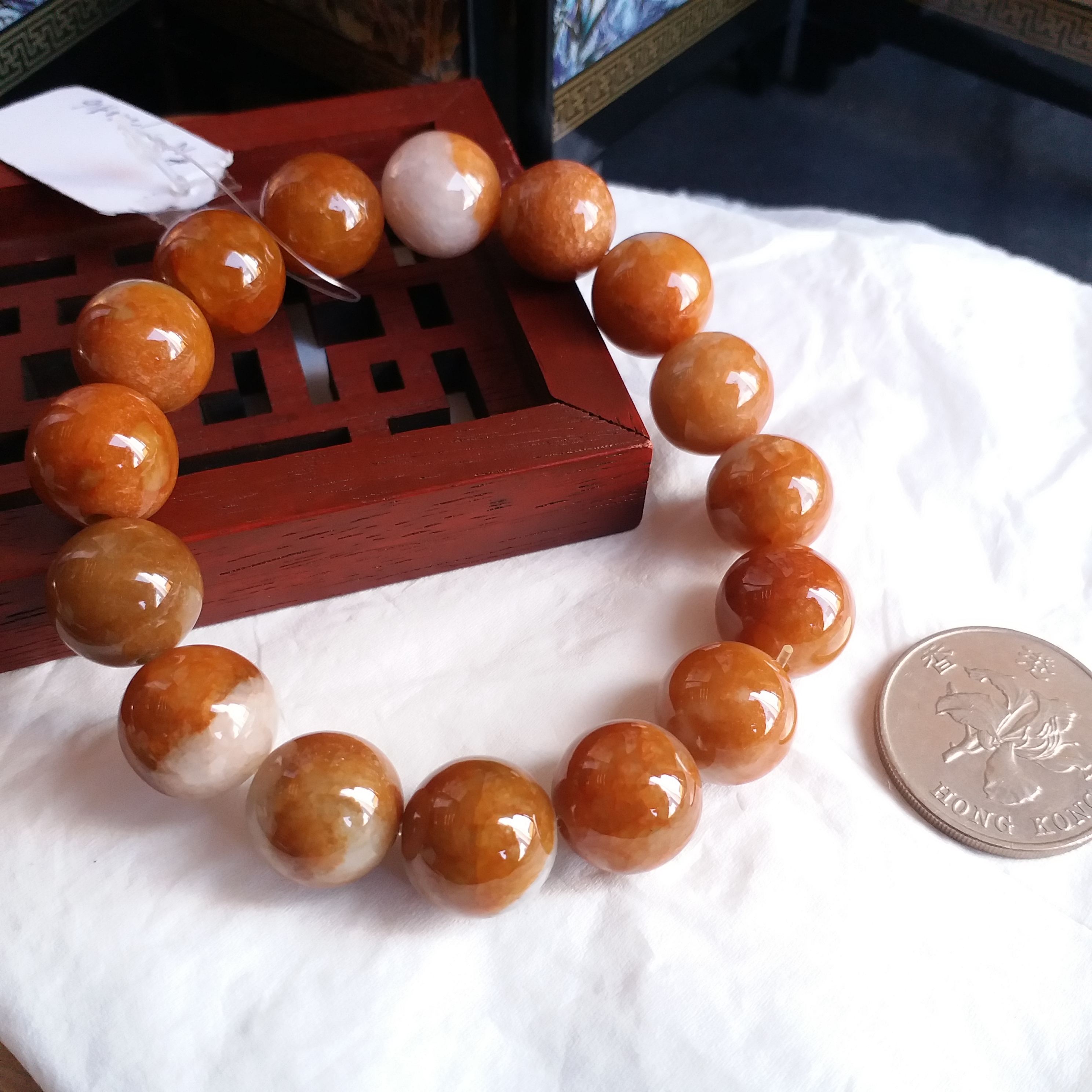 冰黃翡雙色玉珠手串 (13.5mm直徑), 天然翡翠A玉, 緬甸玉, Jade, Jadeite