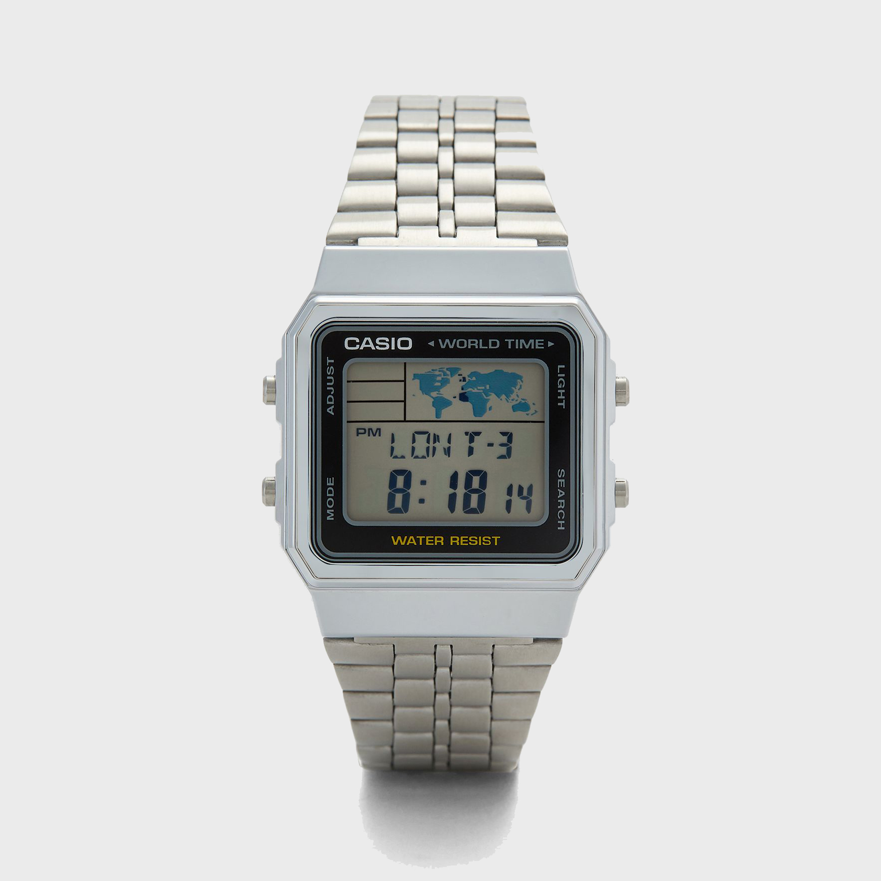Casio A500WA-1 中裝 銀色方形 世界時間 復古跳字錶