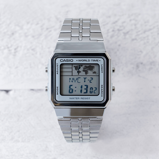 Casio A500WA-7 中裝 銀色方形 世界時間 復古跳字錶