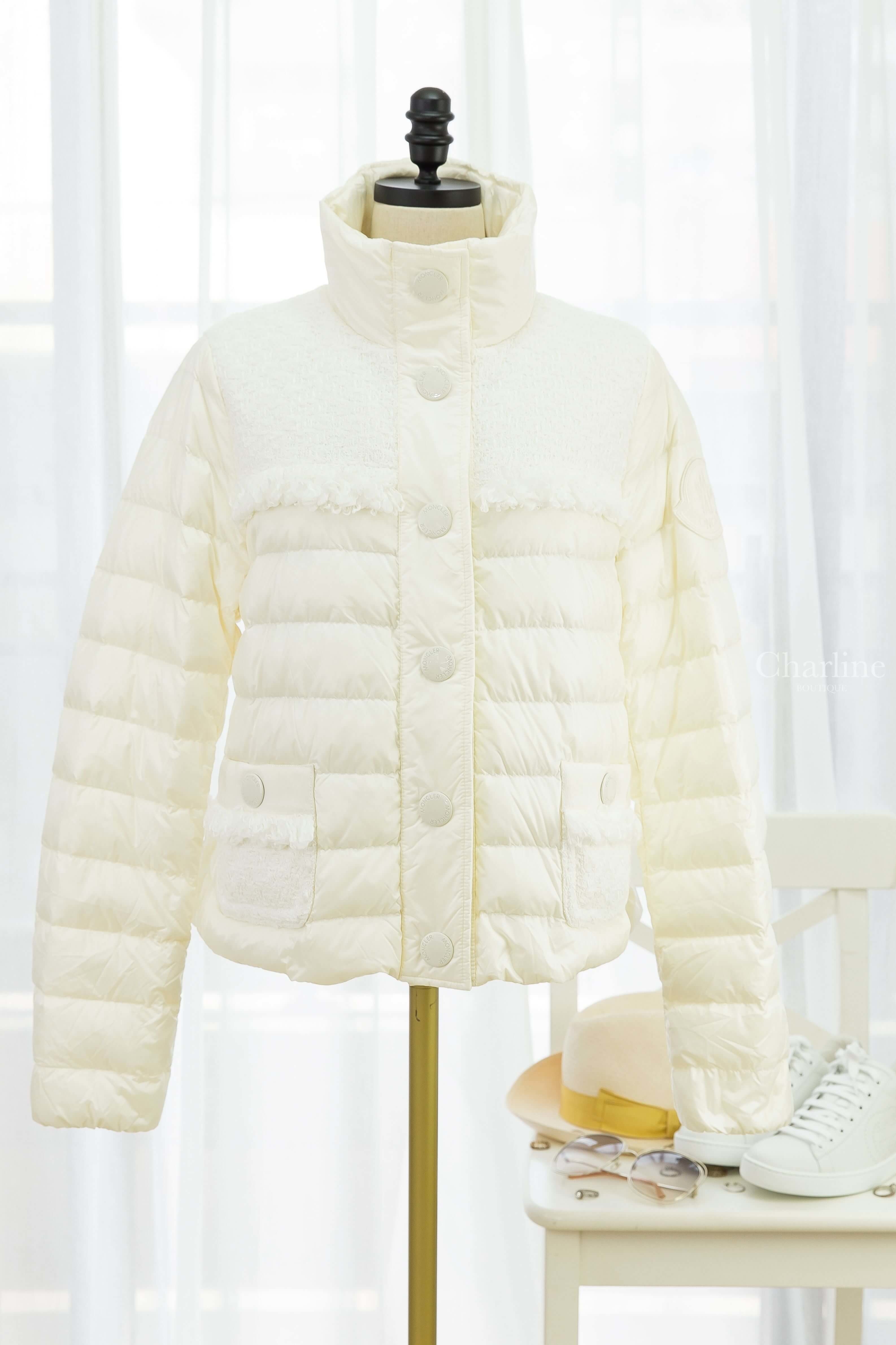 Moncler Lunaire 象牙白拼接毛呢立領羽絨外套