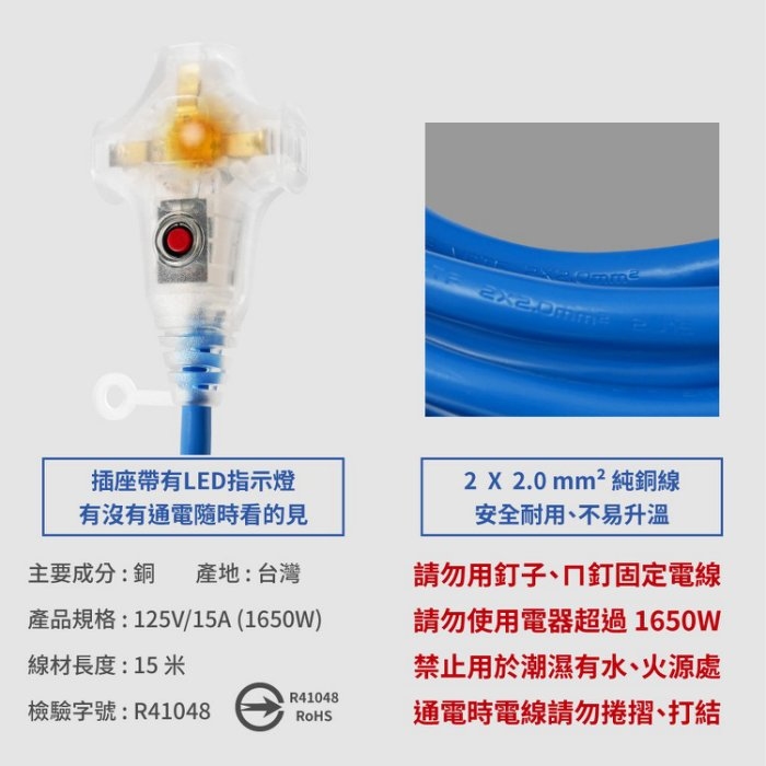 2.0mm²藍色雙絕緣動力過載延長軟線-15m