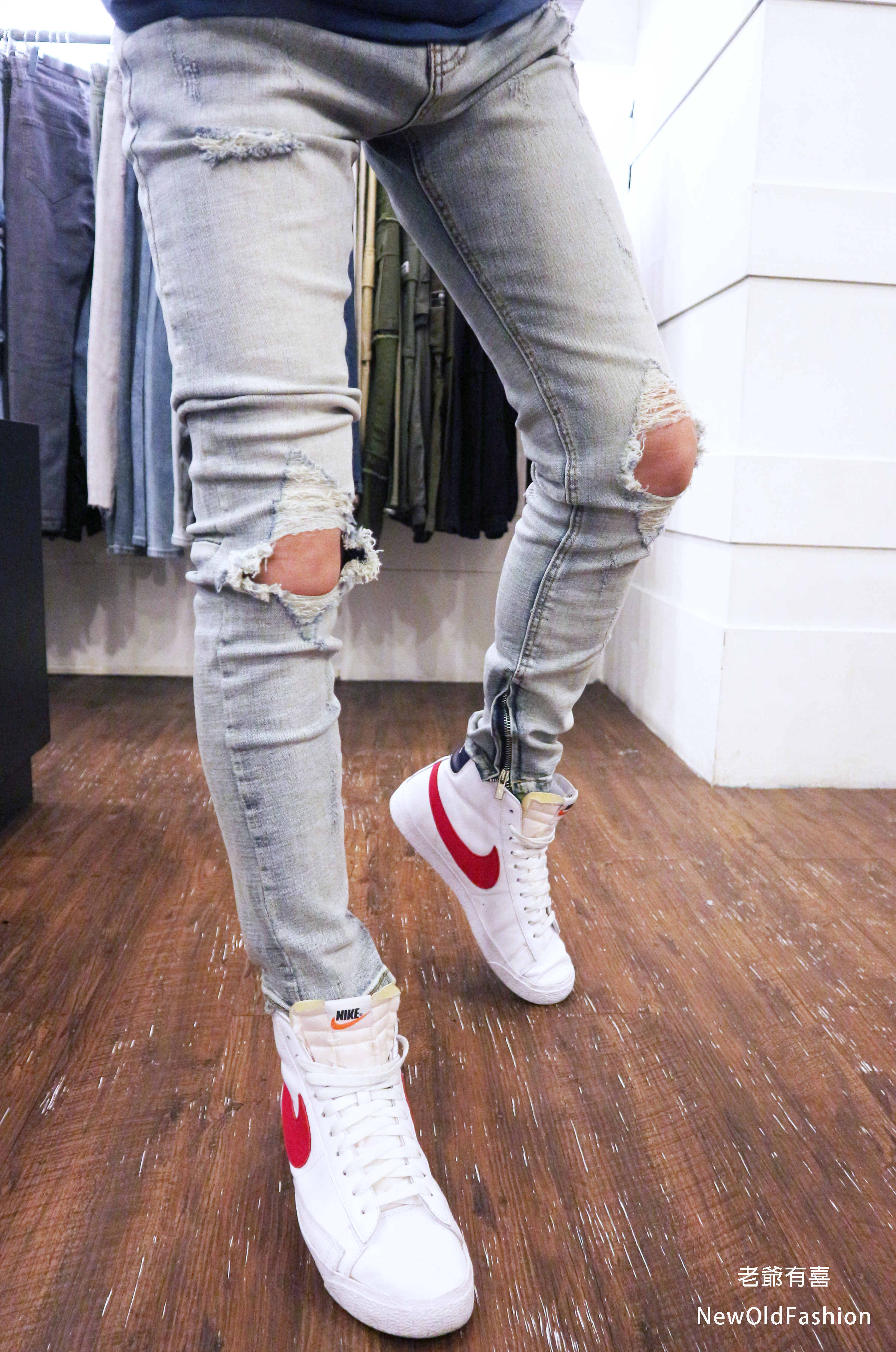 重磅雙膝重度破壞側拉鍊牛仔褲